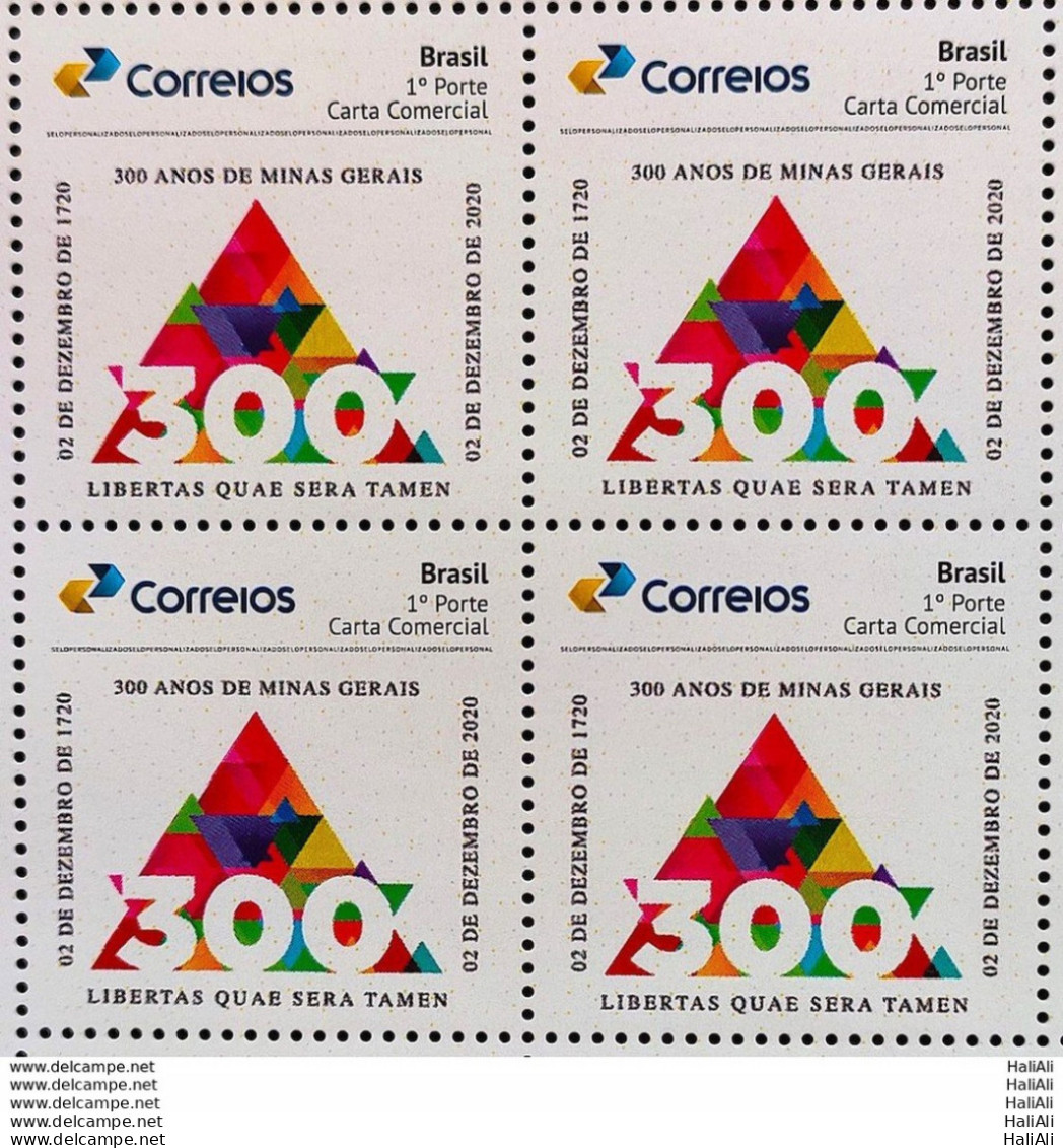 PB 160 Brazil Personalized Stamp 300 Years Minas Gerais 2020 Block Of 4 - Personalisiert