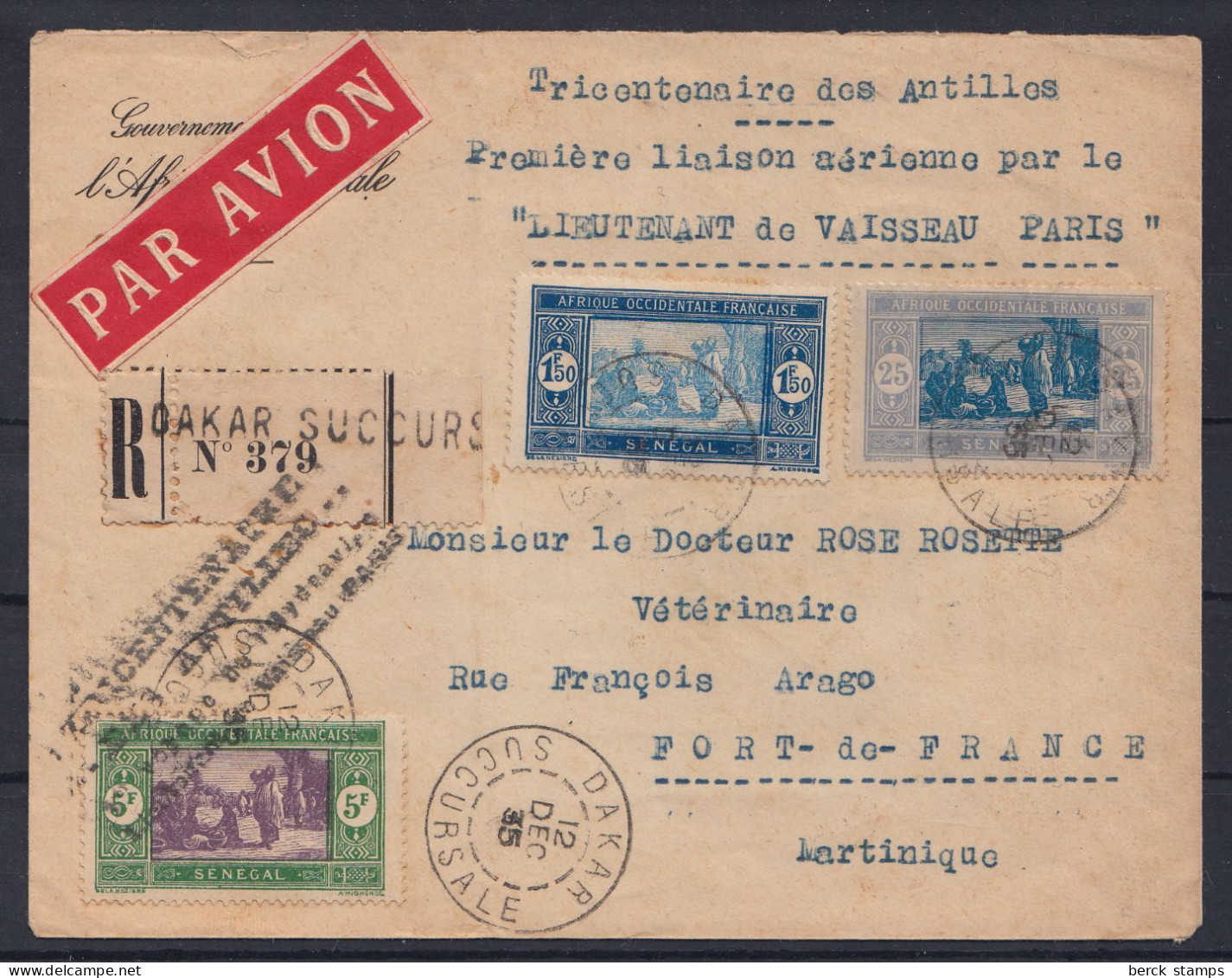 TRICENTENAIRE Des ANTILLES - Hydravion "'LIEUTENANT De VAISSEAU PARIS" - 1er Vol DAKAR-FORT De FRANCE 12.12.35. - 1935 Tricentenaire Des Antilles