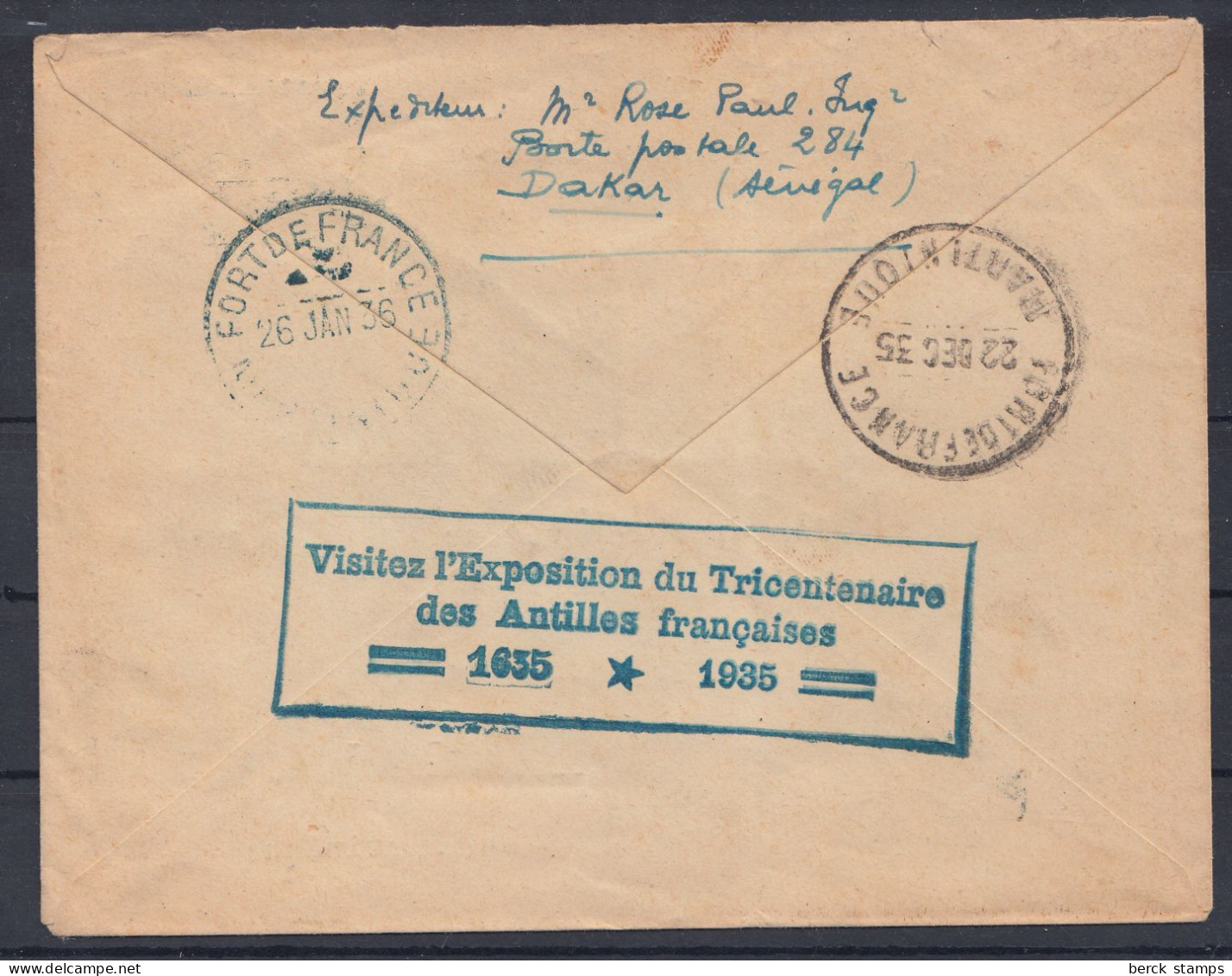 TRICENTENAIRE Des ANTILLES - Hydravion "'LIEUTENANT De VAISSEAU PARIS" - 1er Vol DAKAR-FORT De FRANCE 12.12.35. - 1935 Tricentenaire Des Antilles