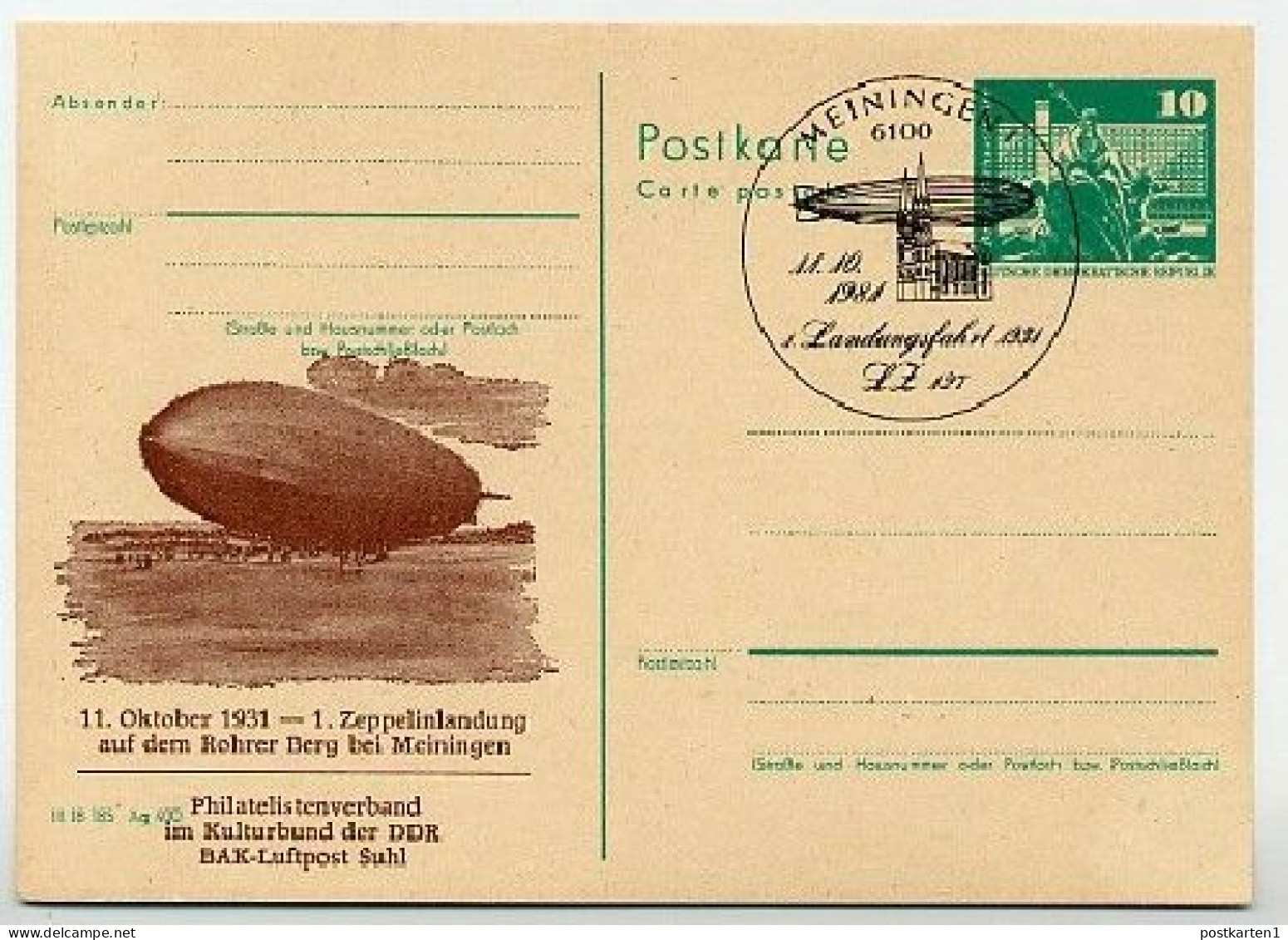 DDR P79-38a-81 C170-a Postkarte ZUDRUCK Zeppelinlandung Meiningen Typ 1 Sost. 1980 - Postales Privados - Usados