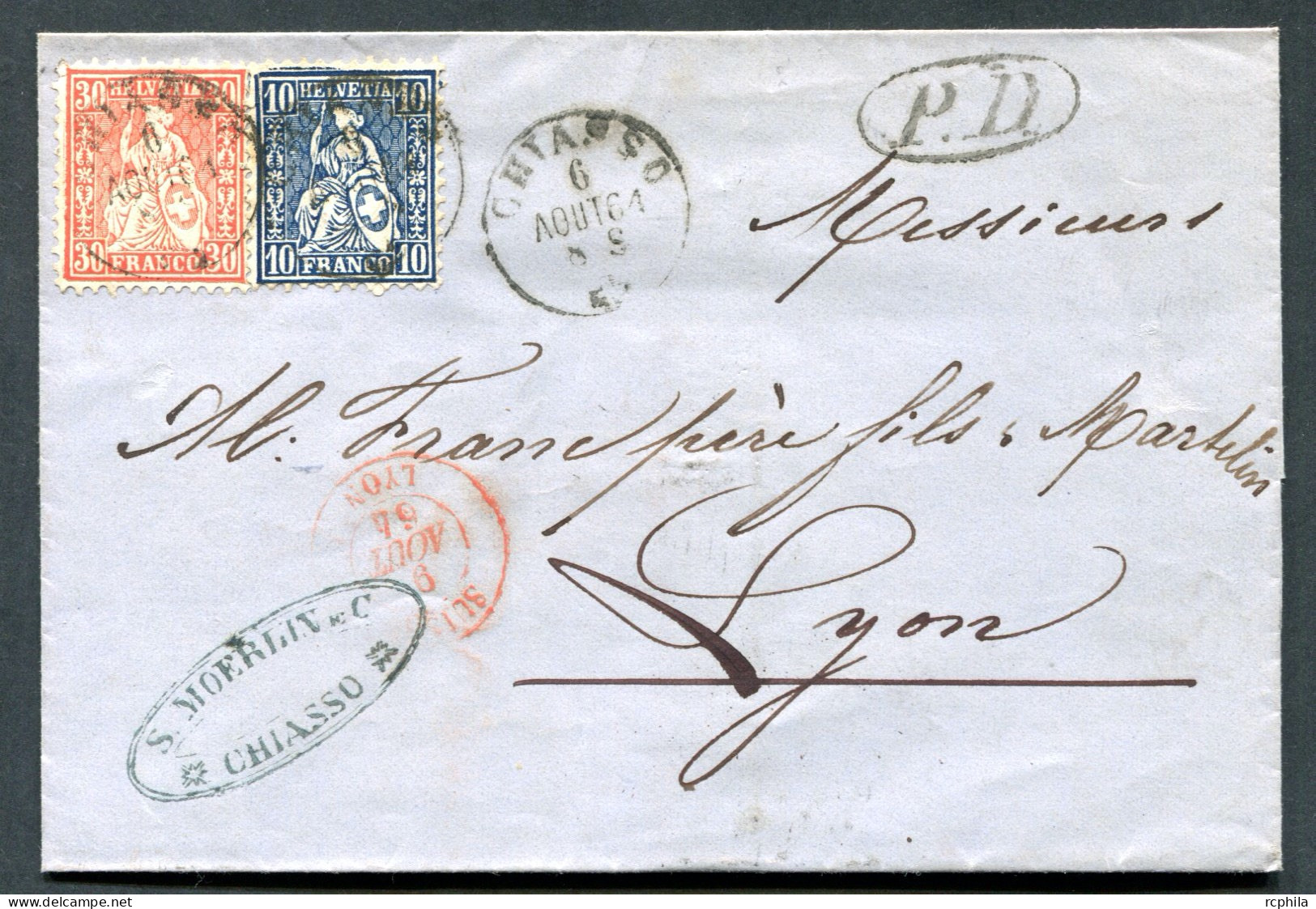 RC 26704 SUISSE 1864 - 30c + 10c SUR LETTRE DE CHIASSO POUR LYON RHONE FRANCE TB - Cartas & Documentos