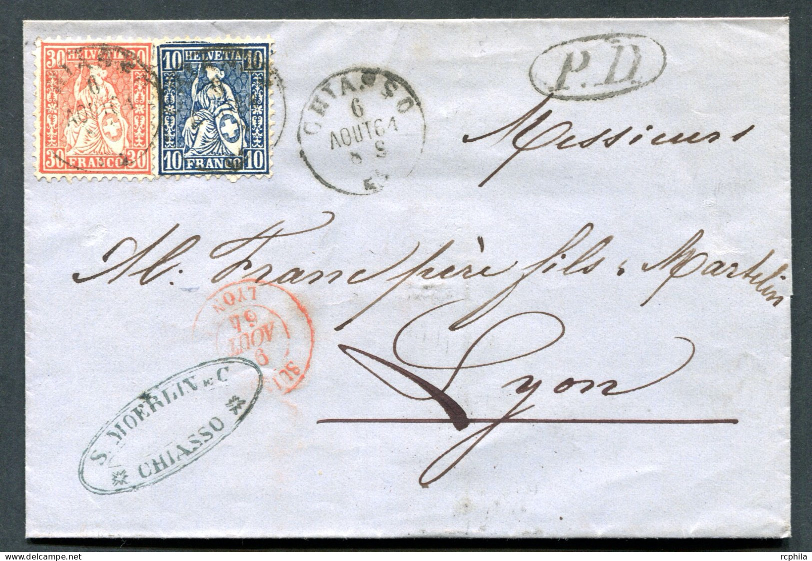 RC 26704 SUISSE 1864 - 30c + 10c SUR LETTRE DE CHIASSO POUR LYON RHONE FRANCE TB - Covers & Documents