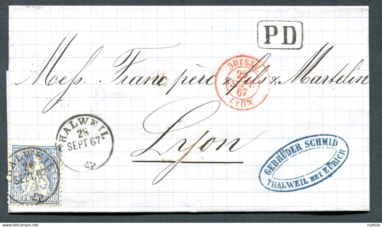 RC 26707 SUISSE 1867 - 30c SUR LETTRE DE THALWEIL AVEC ENTRÉE SUISSE / LYON EN ROUGE POUR LA FRANCE TB - Storia Postale