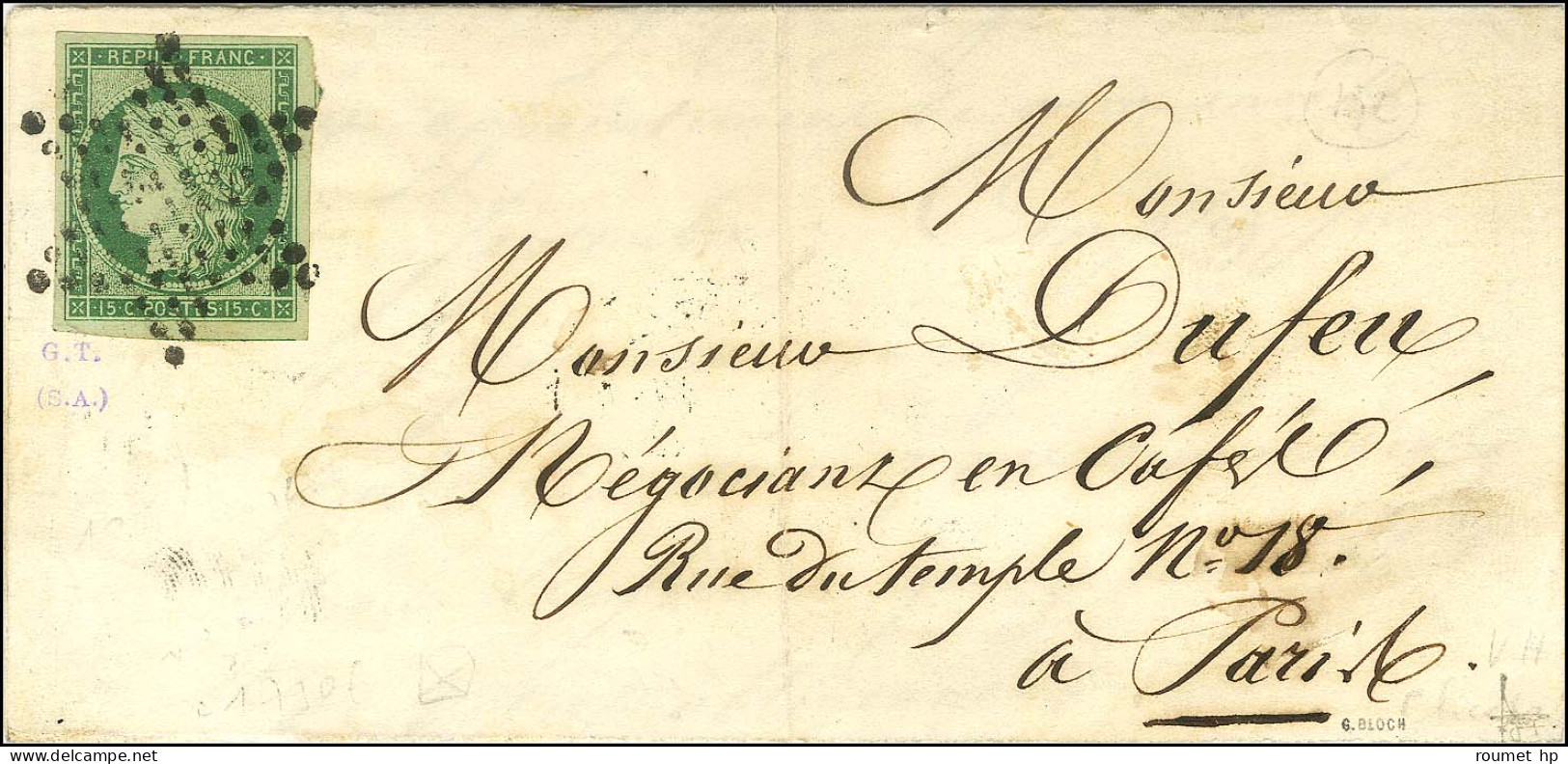 Etoile / N° 2 Vert Foncé Très Belles Marges Sur Lettre Avec Texte De Paris Pour Paris. Au Verso, Càd D'arrivée 1852. - T - 1849-1850 Cérès