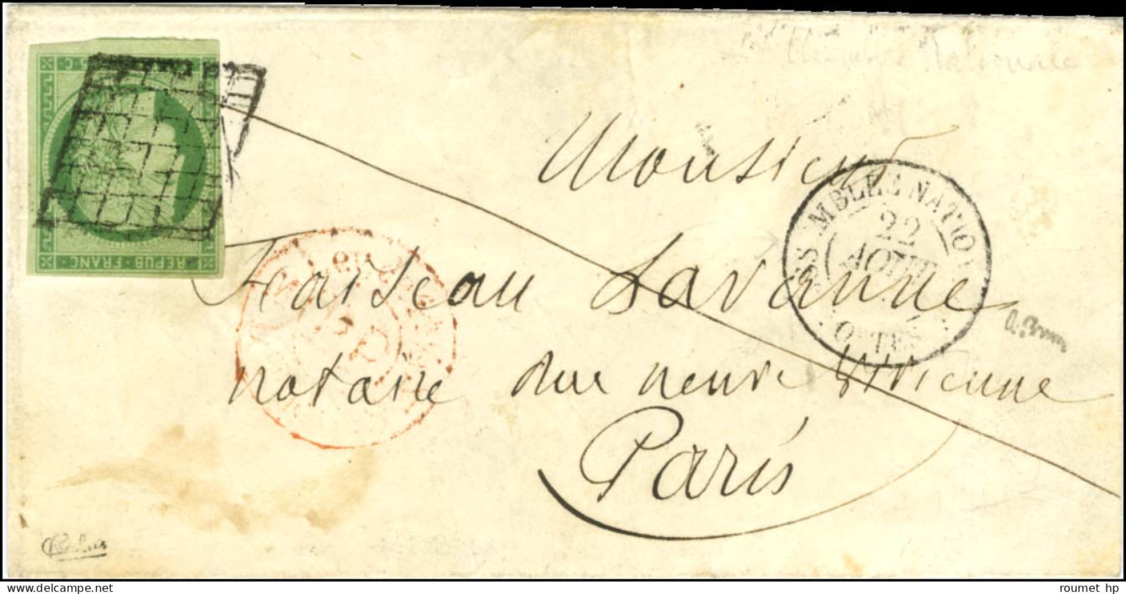 Grille / N° 2 Une Marge Courte Avec Filet Non Touché Càd ASSEMBLEE NATIONALE / POSTES Sur Lettre Pour Paris. Au Verso, C - 1849-1850 Ceres