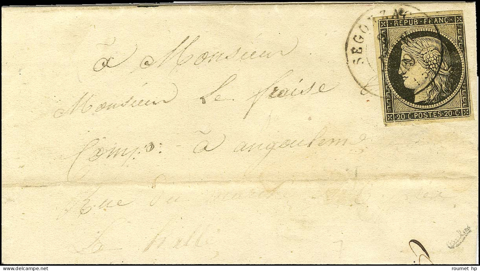 Càd T 15 SEGONZAC (15) 2 JANV. 49 / N° 3 Sur Lettre Datée Du 1er Janvier 1849 Pour Angoulême. - TB. - R. - 1849-1850 Cérès