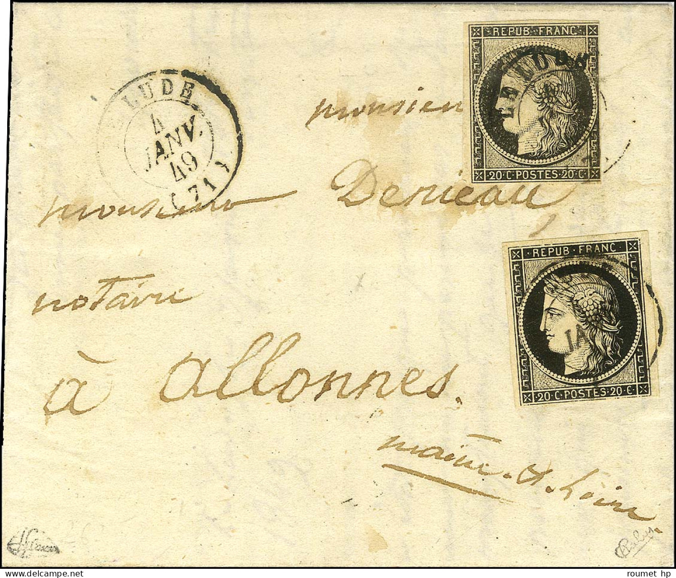 Càd T 15 LE LUDE (71) 4 JANV. 49 / N° 3 (2 Dont 1 Ex Filet Effleuré) Sur Lettre Avec Texte 2 Ports Pour Allones. Au Vers - 1849-1850 Ceres