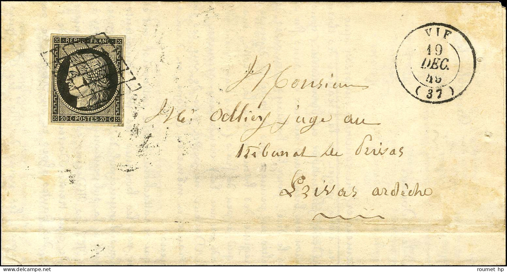 Grille / N° 3 Càd T 15 VIF (37) Sur Lettre Avec Texte Pour Privas. 1849. - SUP. - 1849-1850 Cérès