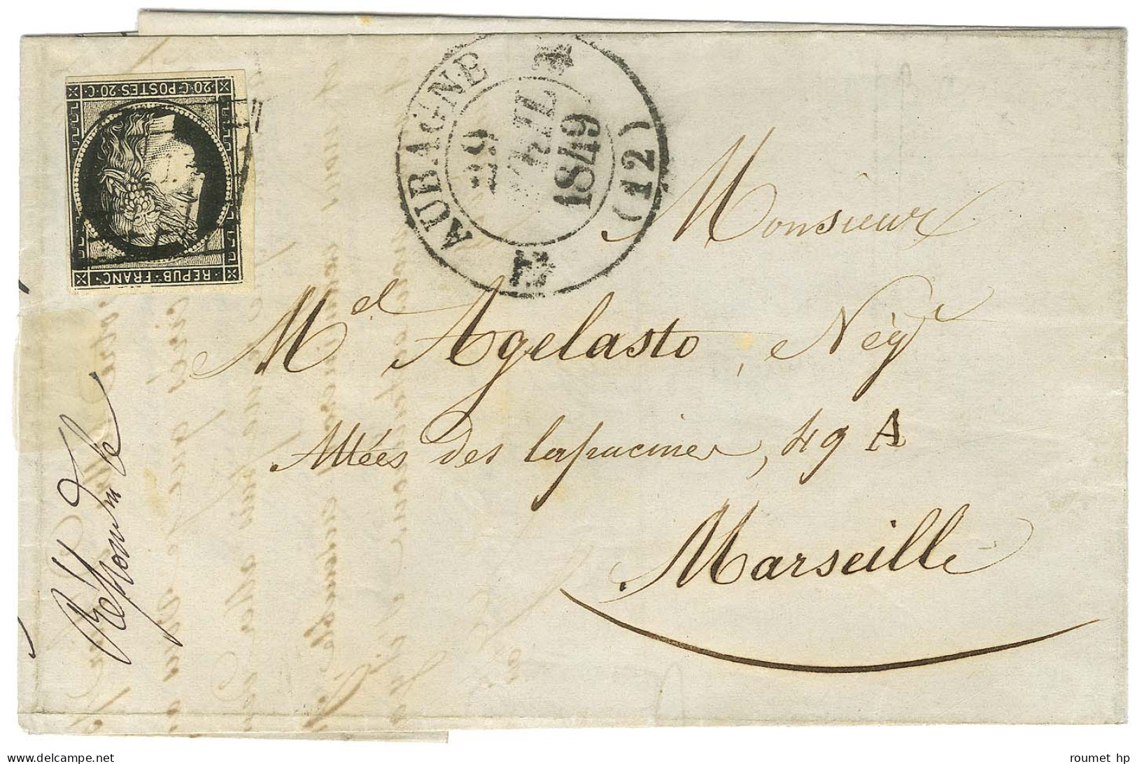 Grille / N° 3 (infime Def) Càd T 12 AUBAGNE (12) (non Signalé) Sur Lettre Pour Marseille. 1849. - TB / SUP. - R. - 1849-1850 Ceres