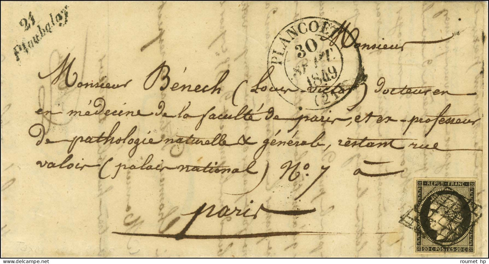 Grille / N° 3 Belles Marges Càd T 13 PLANCOET (21) Cursive 21 / Ploubalay Sur Lettre Avec Texte Pour Paris. Au Verso, Ta - 1849-1850 Ceres