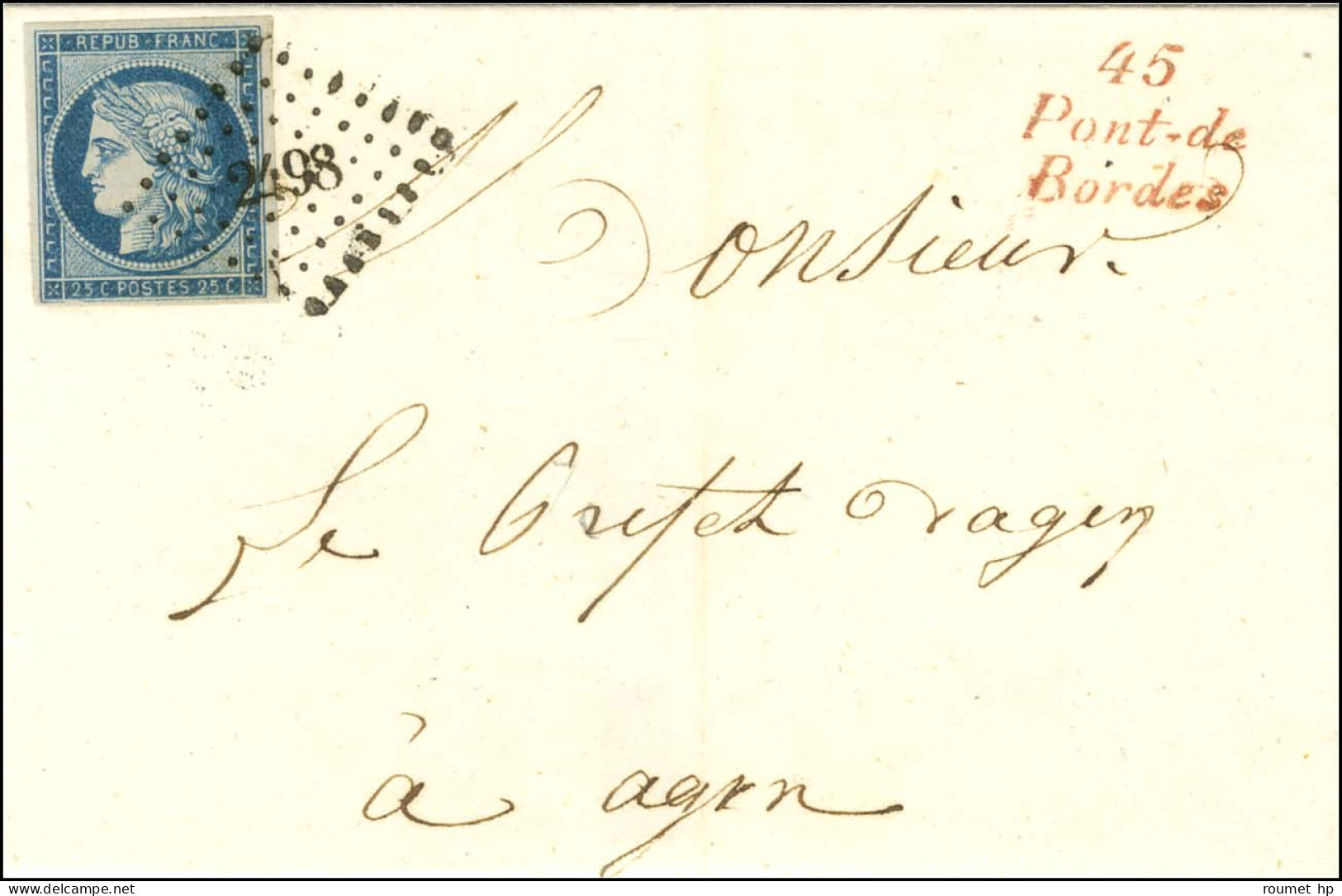 PC 2498 / N° 4 Belle Marge Cursive Rouge 45 / Pont-de / Bordes Sur Lettre Pour Agen. - SUP. - RR. - 1849-1850 Cérès
