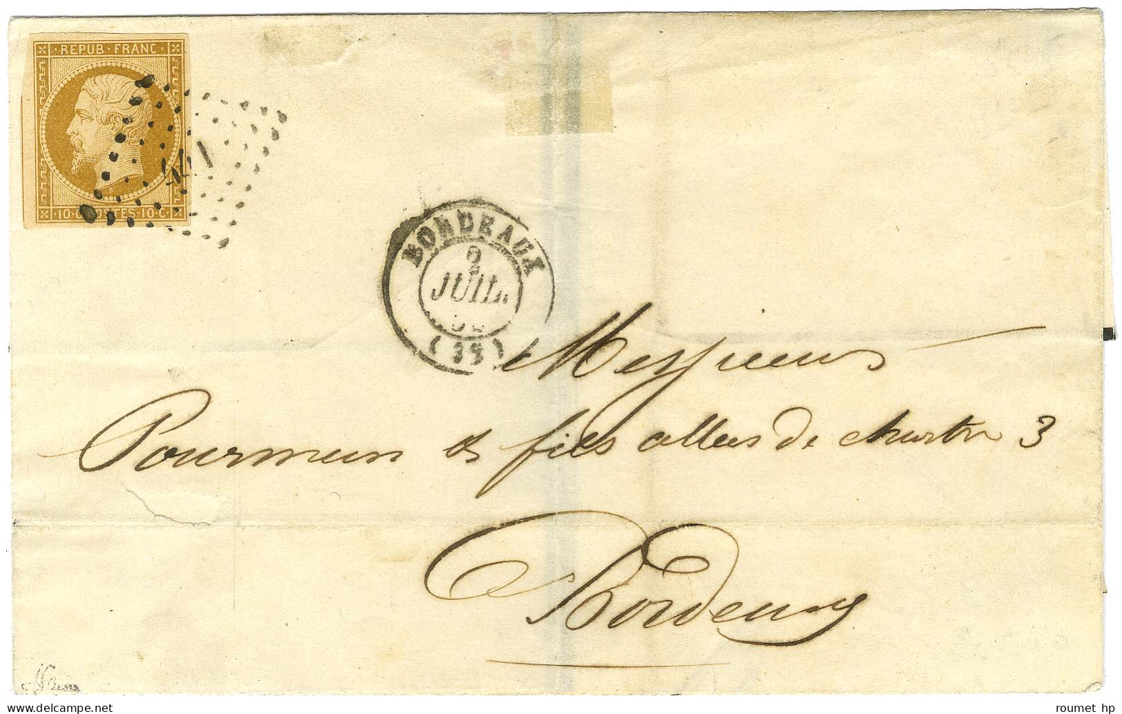 PC 441 / N° 9 Belles Marges Càd T 15 BORDEAUX (32) Sur Lettre Adressée Localement. - TB. - R. - 1852 Louis-Napoléon