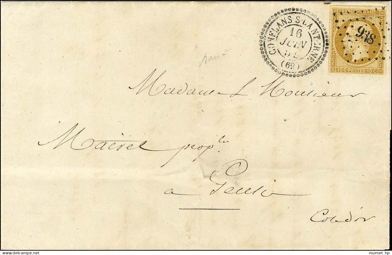 PC 938 / N° 9 Belles Marges Càd T 22 CONFLANS-S-LANTERNE (69) Sur Lettre Avec Texte Adressée Localement. 1854. Très Rare - 1852 Louis-Napoleon