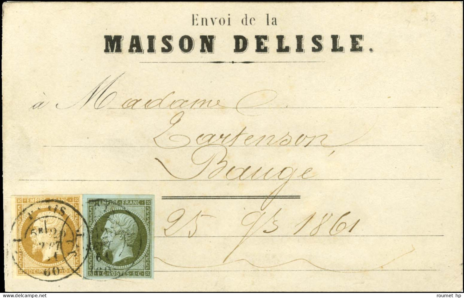 Càd J PARIS J (60) / N° 11 + N° 13 Type II [les 2 Ex Très Belles Marges] Sur Carton Imprimé Pour Baugé. Exceptionnel Tar - 1853-1860 Napoléon III.