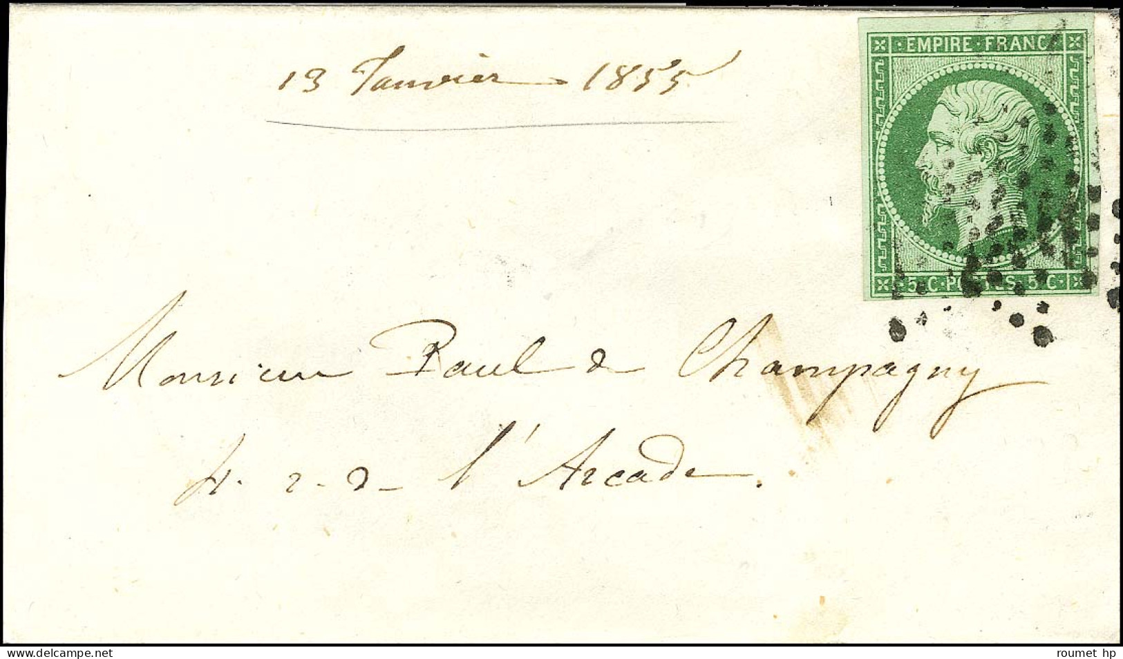 Etoile / N° 12 Vert Foncé Sur Vert Sur Enveloppe Carte De Visite Datée Du 13 Janvier 1855 Adressée Localement. - TB / SU - 1853-1860 Napoléon III.