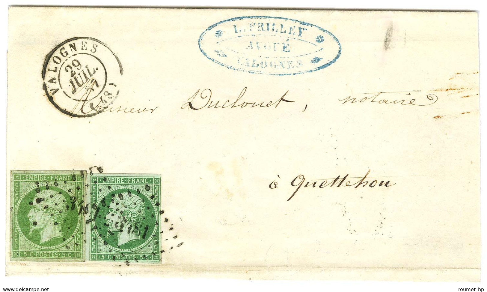 PC 3481 / N° 12 Vert Jaune + 12 Vert Foncé Càd T 15 VALOGNES (48) Sur Lettre Adressée Localement à Quettehou. Au Verso,  - 1853-1860 Napoléon III.