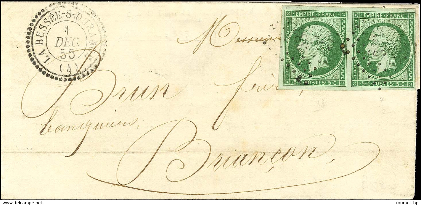 PC 383 / N° 12 Paire Superbe Nuance Vert Très Foncé Sur Vert Càd T 22 LA BESSEE-S-DURANCE (4) Sur Lettre Adressée Locale - 1853-1860 Napoléon III