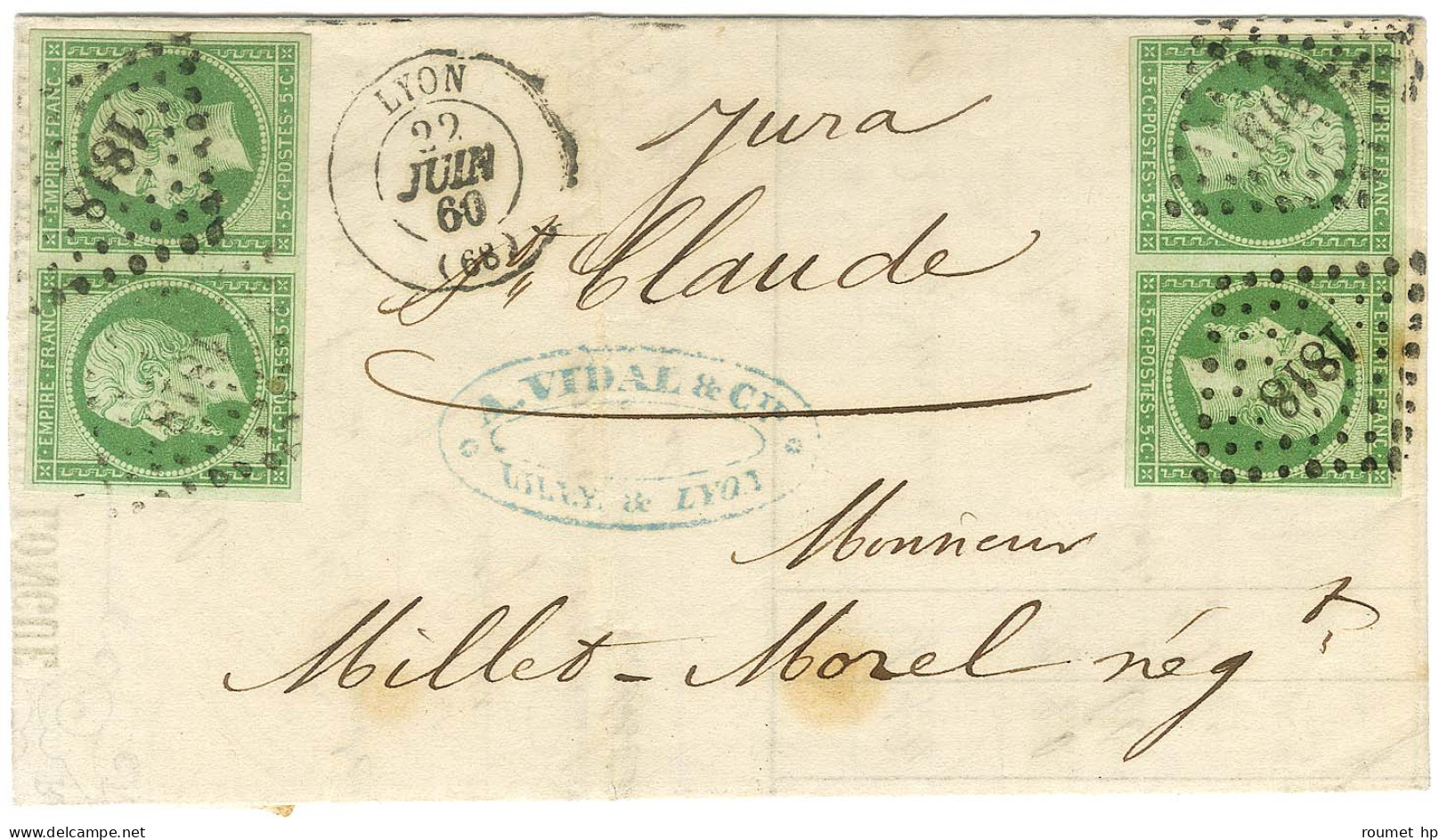 PC 1818 / N° 12 (2 Paires) Belles Marges Càd T 15 LYON (68) Sur Lettre Pour Saint Claude. 1860. - TB / SUP. - R. - 1853-1860 Napoléon III.