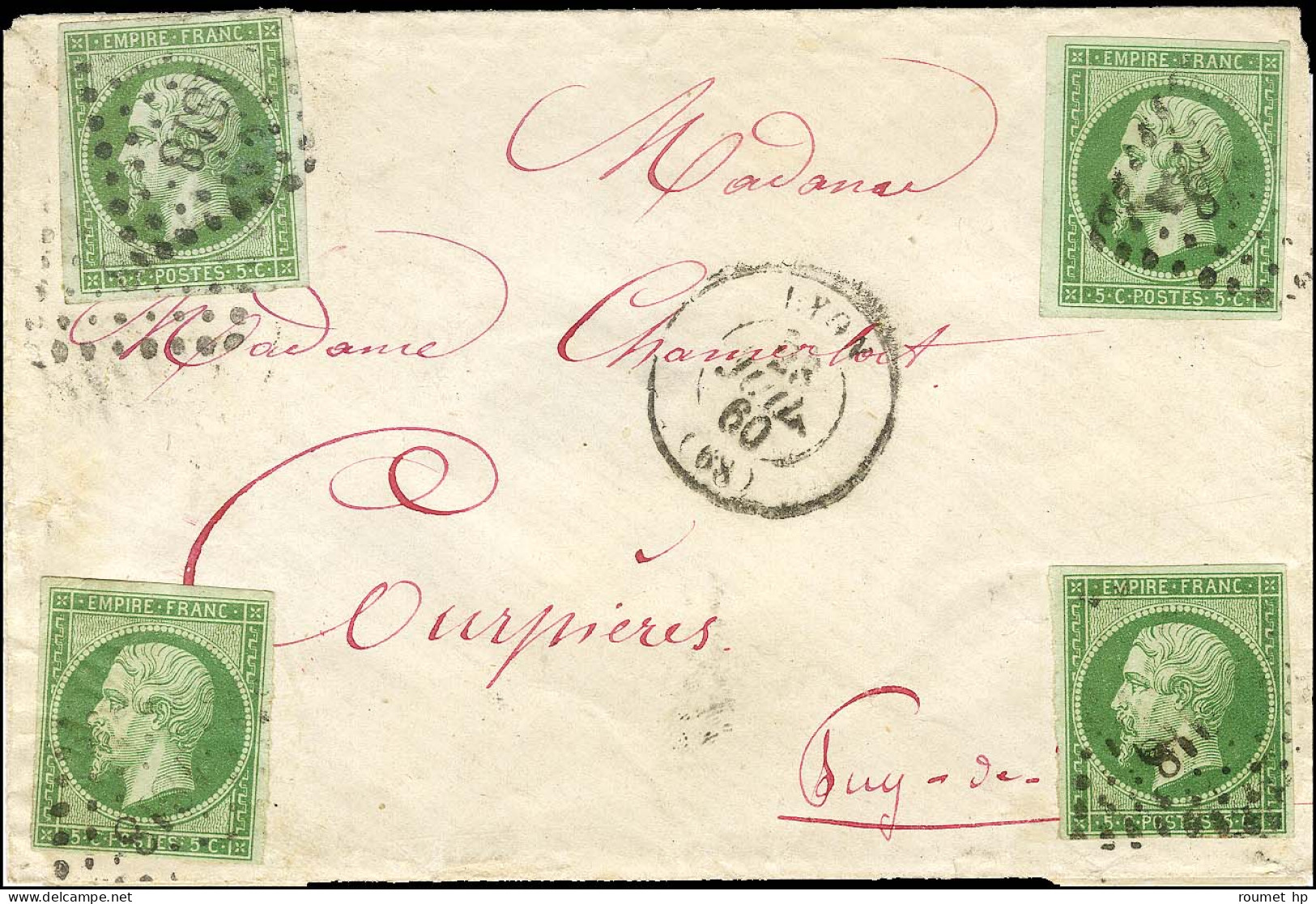 PC 1818 / N° 12 (4) Positionnés Au 4 Coins Càd T 15 LYON (68) Sur Lettre Pour Courpière. 1860. - TB / SUP. - R. - 1853-1860 Napoléon III.