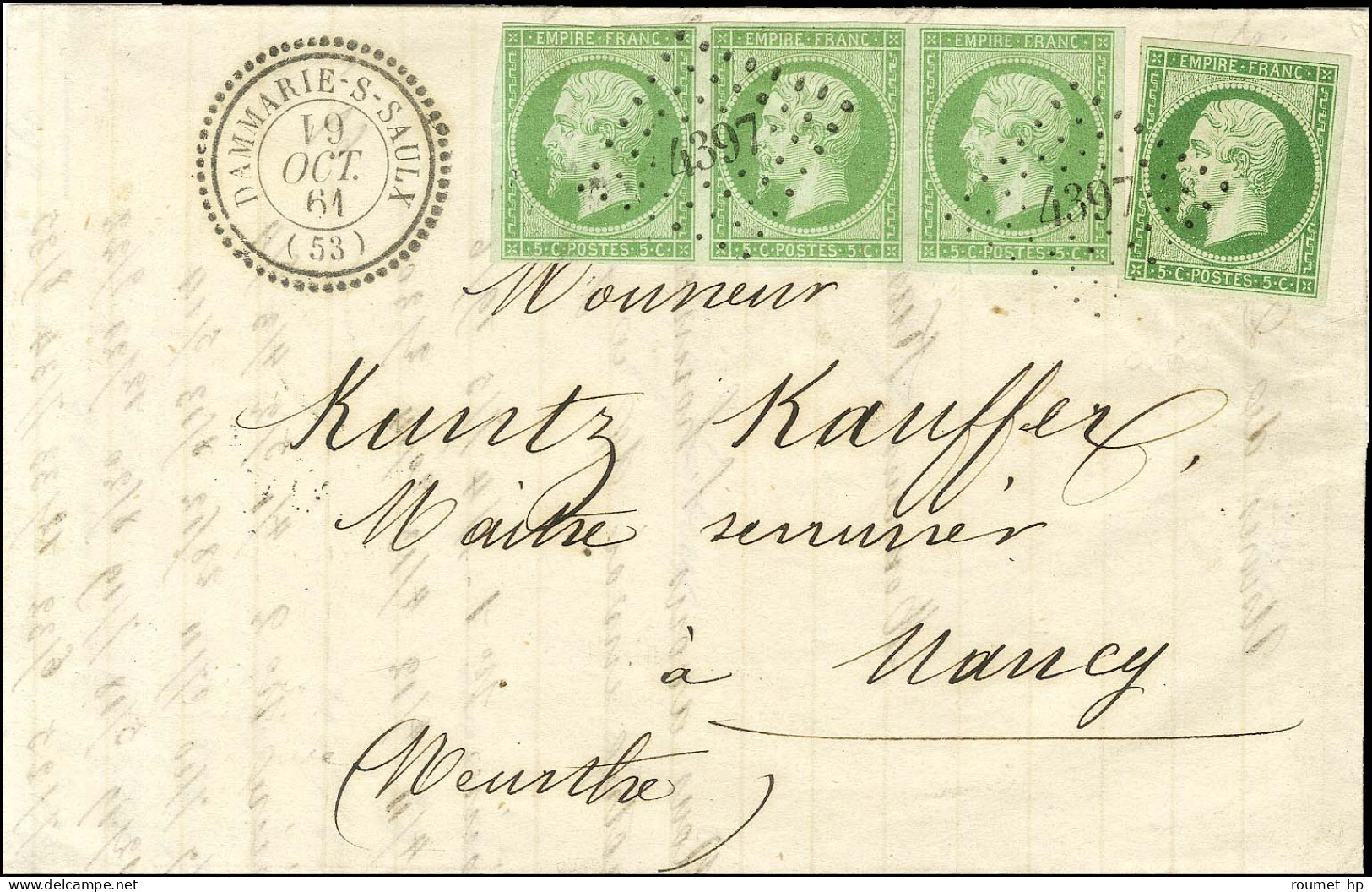 PC 4397 / N° 12 Vert Clair Bande De 3 + 1 Ex Vert Foncé Càd T 22 DAMMARIE-S-SAULX (53) Sur Lettre Pour Nancy. 1861. Très - 1853-1860 Napoléon III.