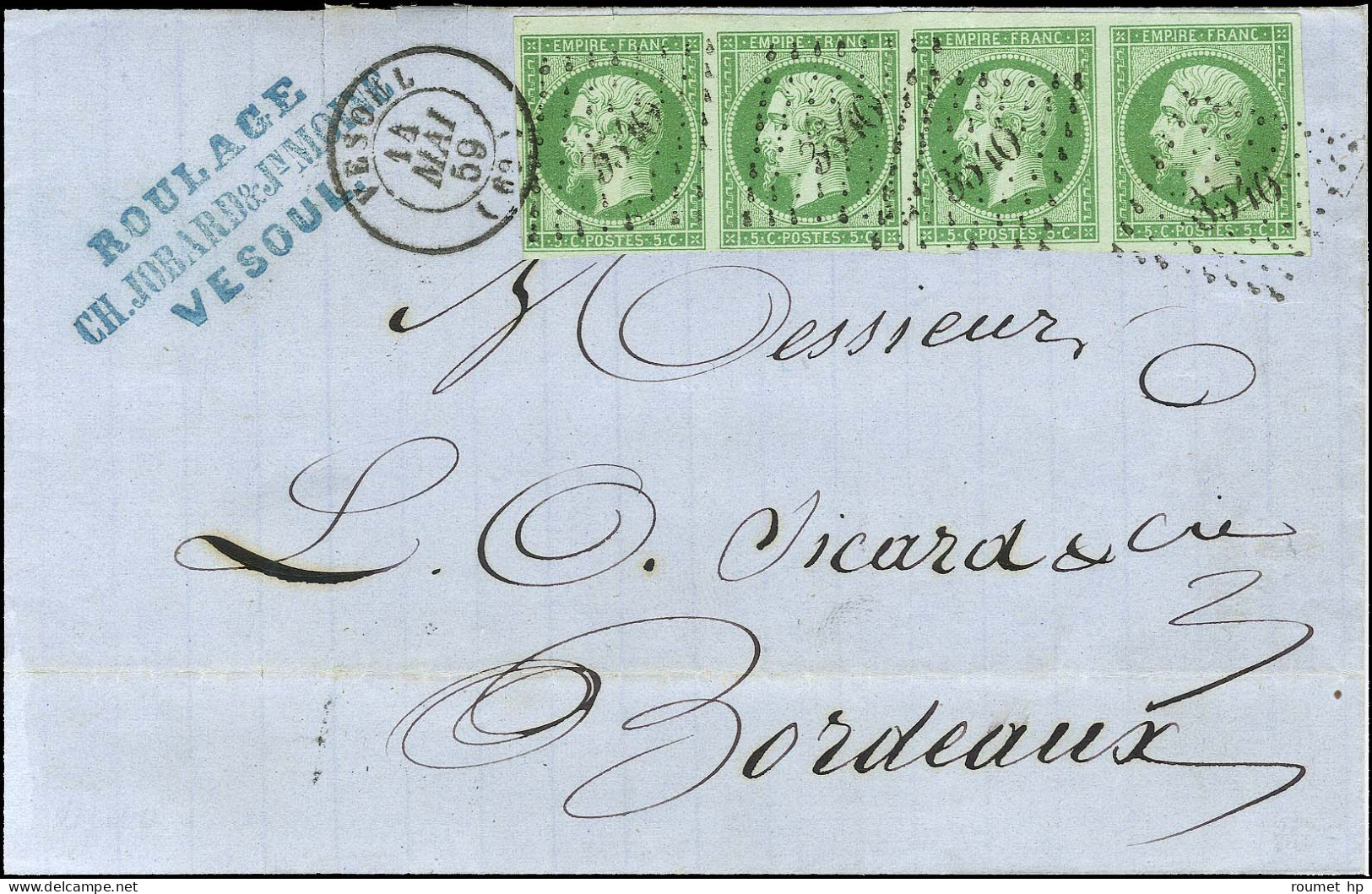 PC 3540 / N° 12 Bande De 4 Vert Foncé Sur Vert Très Belle Nuance Càd T 15 VESOUL (69) Sur Lettre Pour Bordeaux. 1859. -  - 1853-1860 Napoléon III