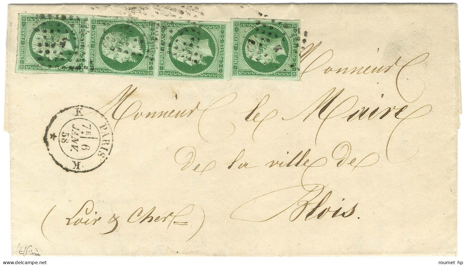 Losange K / N° 12 Vert Très Foncé Sur Vert Bande De 3 + 1 Ex Càd K PARIS K Sur Lettre Avec Texte Pour Blois. 1858. - TB  - 1853-1860 Napoléon III
