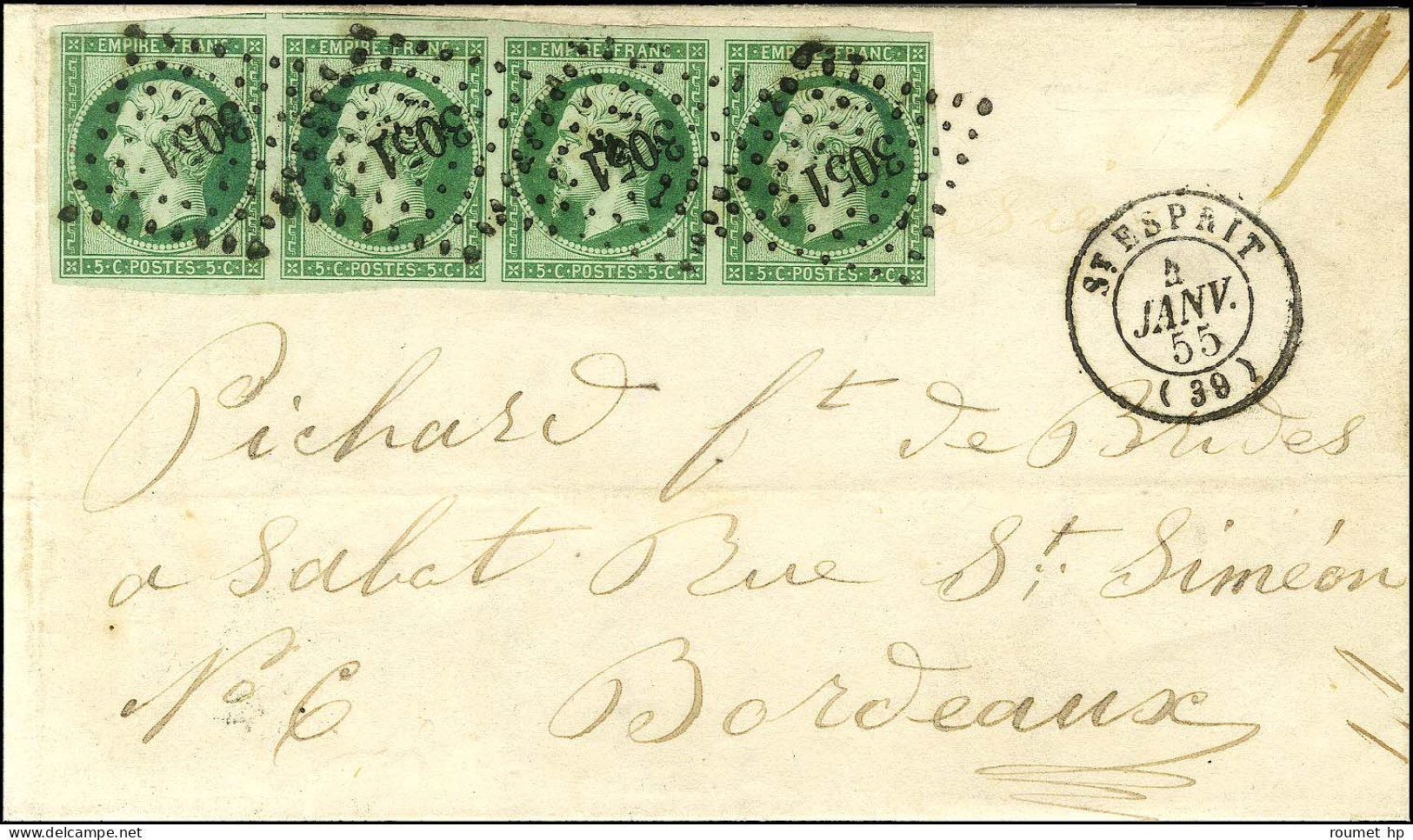 PC 3051 / N° 12 Vert Très Foncé Sur Vert Superbe Nuance Et Très Belles Marges, Bande De 4 Càd T 15 ST ESPRIT (39) Sur Le - 1853-1860 Napoleone III