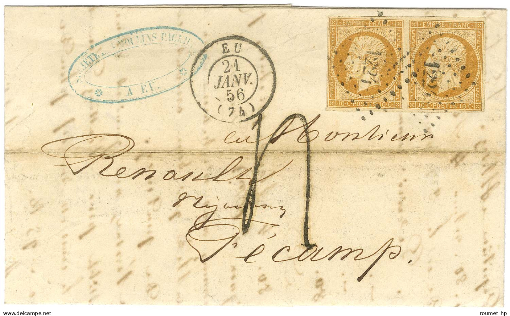 PC 1224 / N° 13 Bistre Orangé Paire Càd T 15 EU (74) Sur Lettre 2 Ports Insuffisamment Affranchie Pour Fécamp, Taxe 4 Au - 1853-1860 Napoléon III