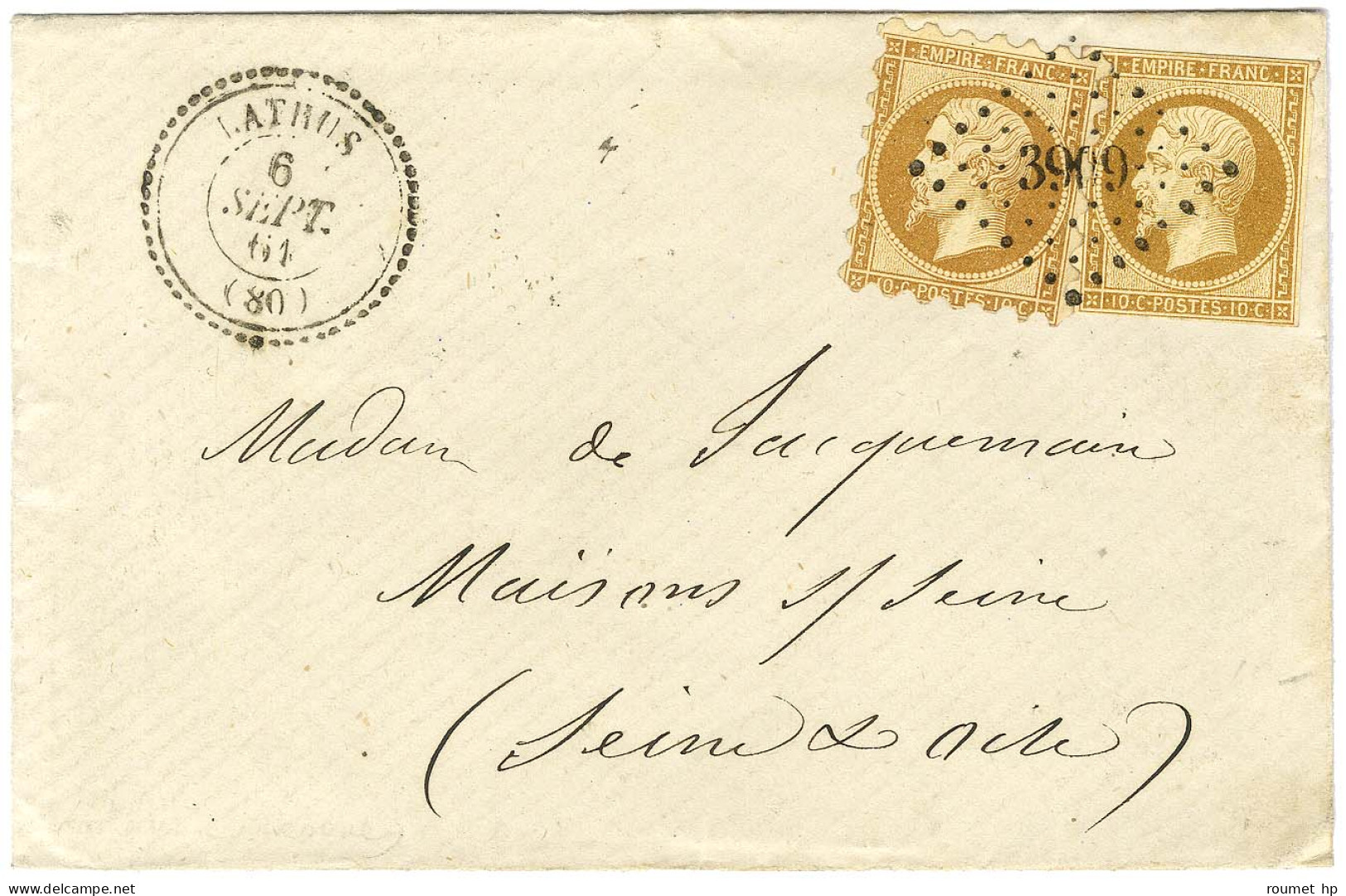 PC 3909 / N° 13 Type + 13 Type 2 Piquage Susse Càd T 22 LATHUS (80) Sur Lettre Pour Maisons Sur Seine. 1861. Rare Affran - 1853-1860 Napoléon III.