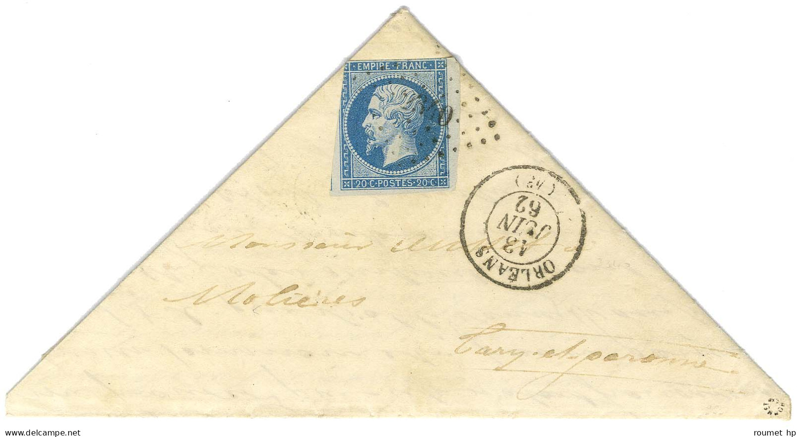 PC 2340 / N° 14 (def) Càd T 15 ORLEANS (43) Sur Lettre Avec Pliage Triangulaire Maçonnique Pour Molière. 1862. - TB / SU - 1853-1860 Napoleon III