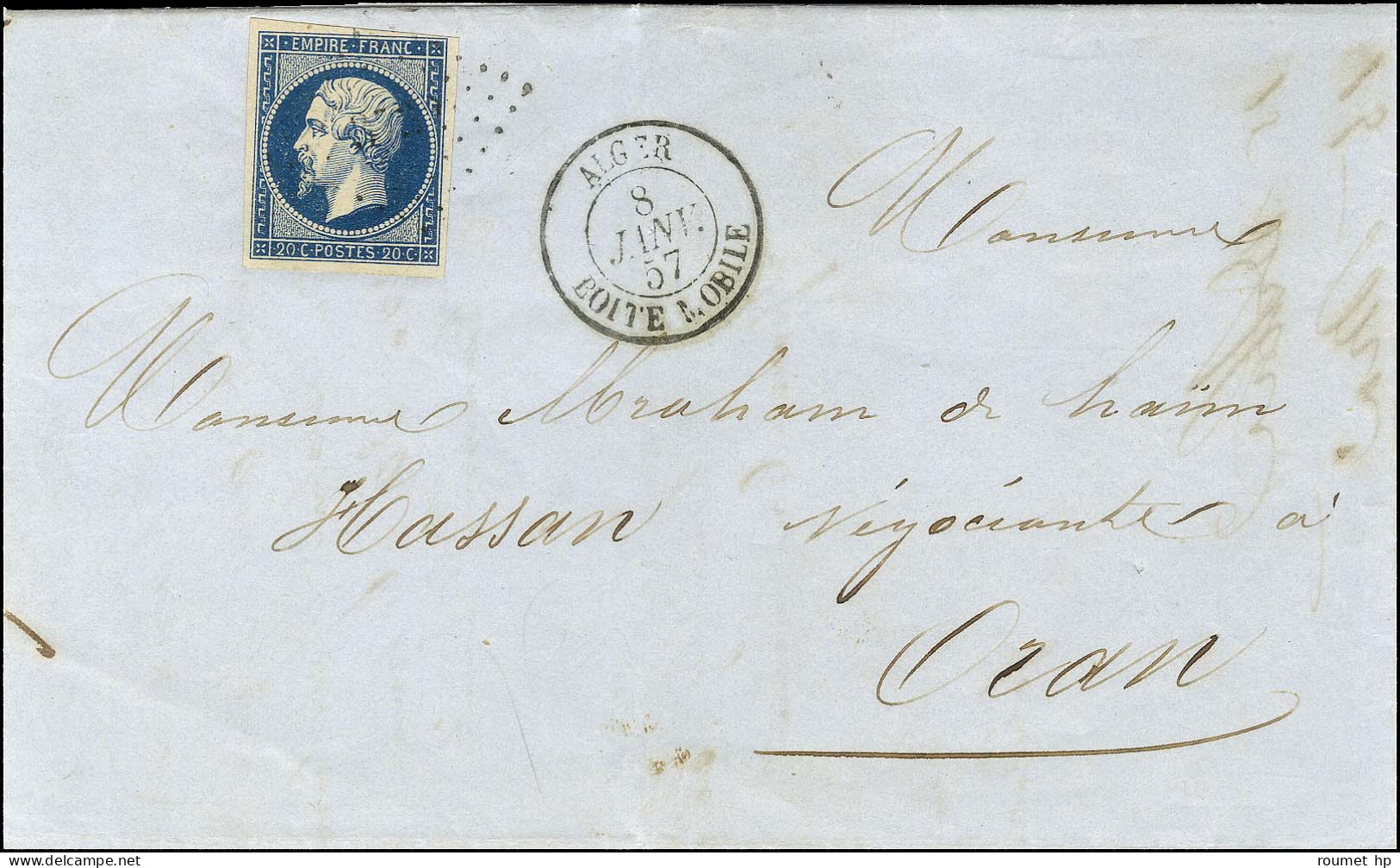 PC 3710 / N° 14 Bleu Foncé Belles Marges Càd ALGER / BOITE MOBILE Sur Lettre Pour Oran. 1857. - SUP. - R. - 1853-1860 Napoléon III.