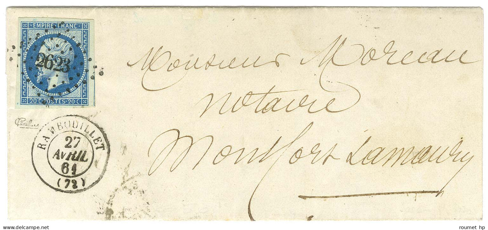 PC 2623 / N° 14 Type 2 Bleu Sur Vert Superbe Nuance Et Très Belles Marges Càd T 15 RAMBOUILLET (72) Sur Lettre Pour Mont - 1853-1860 Napoléon III.