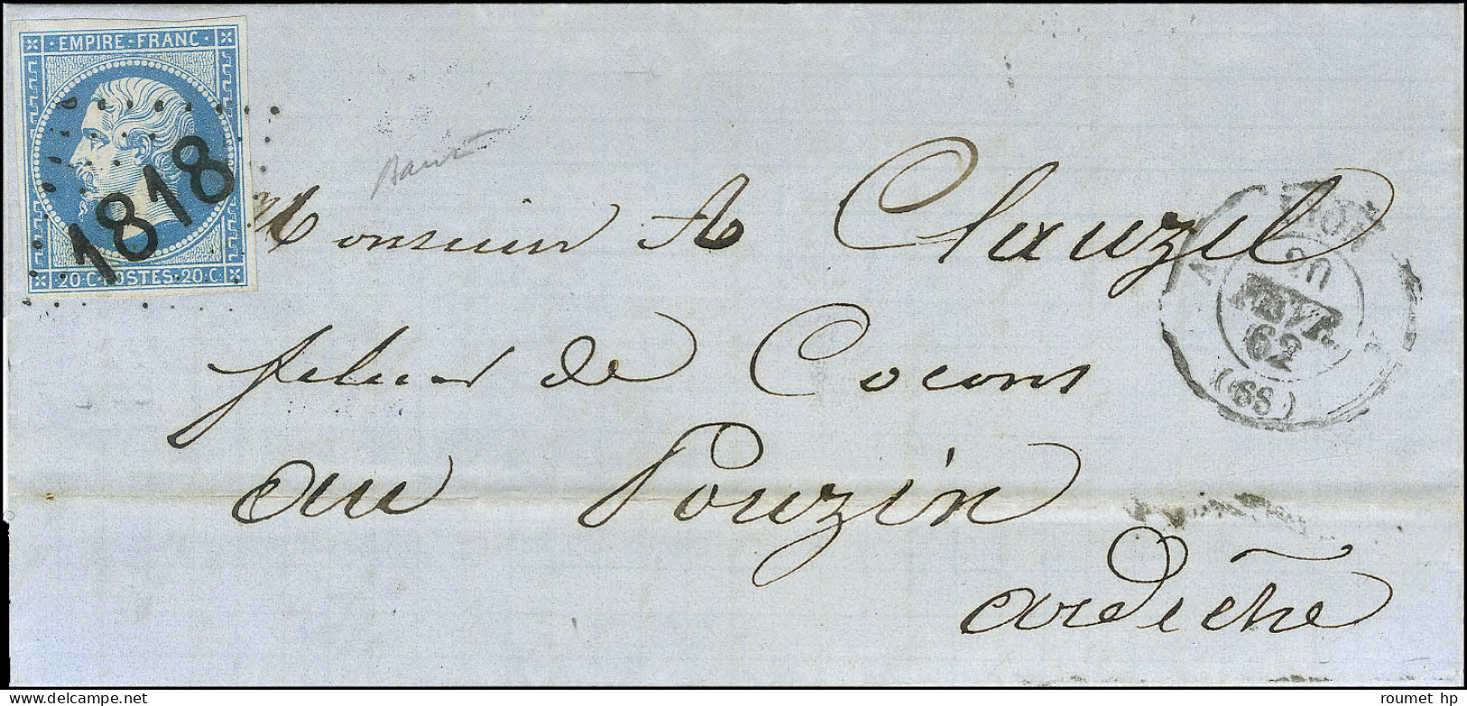 Essai Du GC Bâton 1818 / N° 14 Belles Marges Càd T 15 A LYON A (68) 20 FEVR. 62 Sur Lettre Pour Le Pouzin. - TB / SUP. - - 1853-1860 Napoléon III