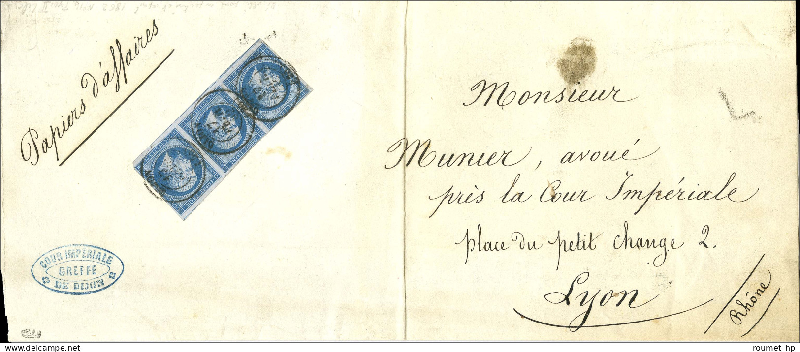 Càd T 15 DIJON (20) / N° 14 Type 2 Bleu Sur Lilas Foncé Bande De 3 Sur Papiers D'affaires Pour Lyon. 1862. Très Rare Ass - 1853-1860 Napoleon III
