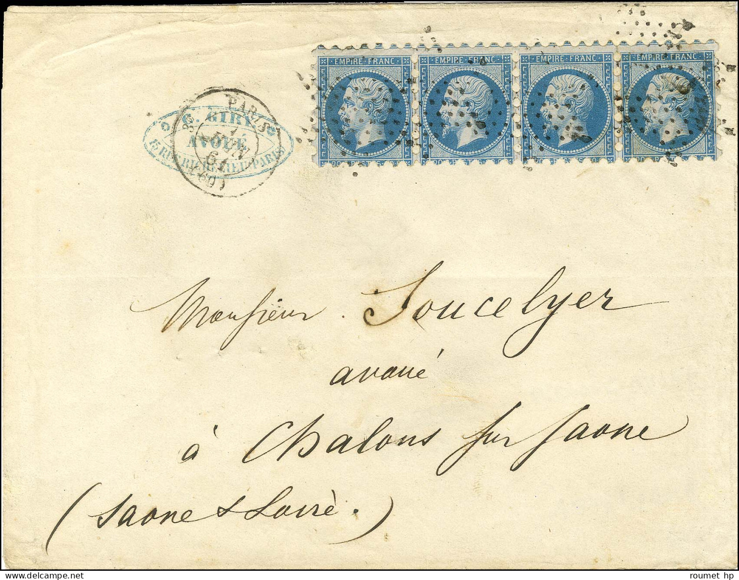 Etoile / N° 14 Type 2 Bande De 4 Avec Piquage Susse Càd PARIS (60) Sur Lettre 3 Ports Pour Chalons Sur Saone. 1861. - TB - 1853-1860 Napoléon III.