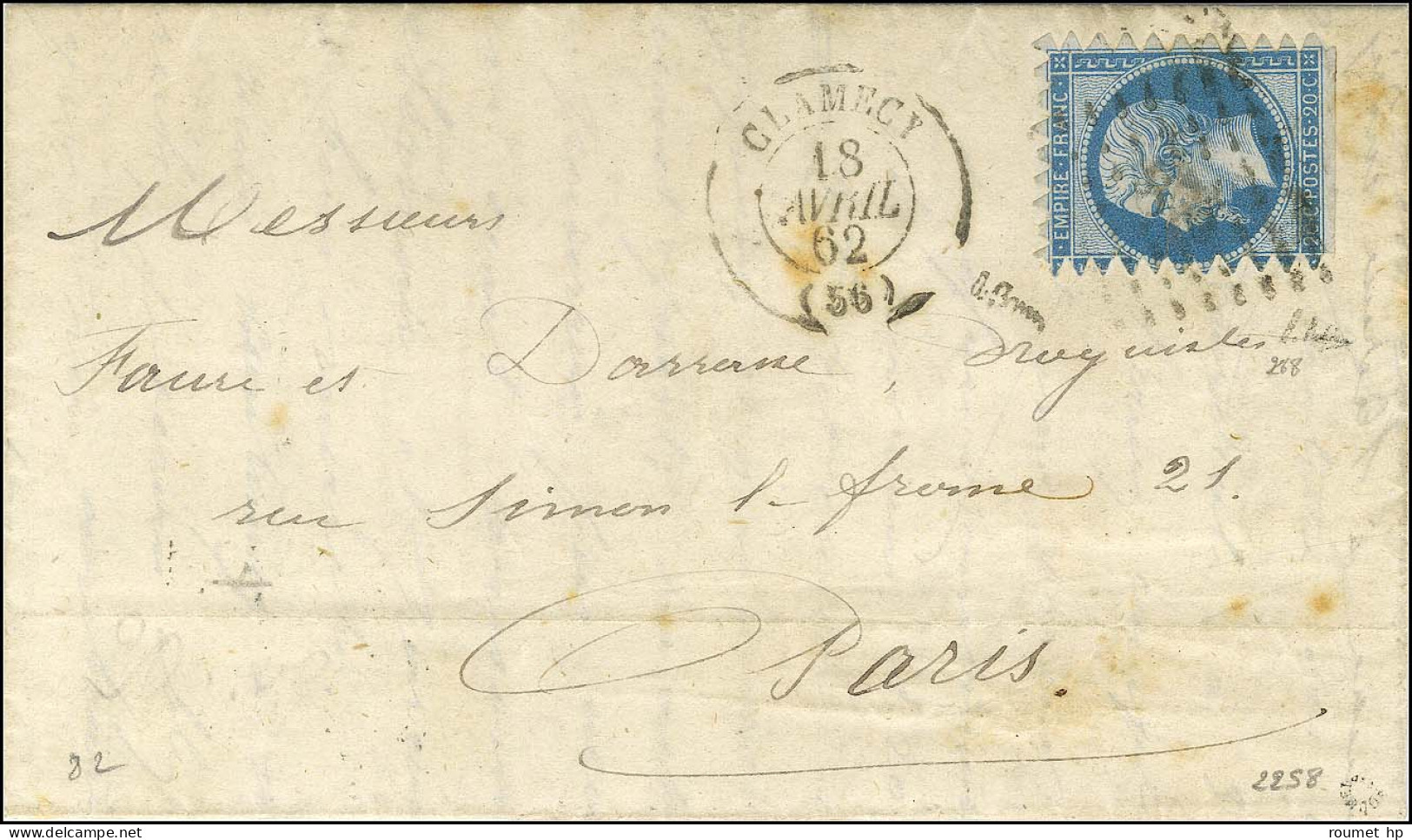 PC 876 / N° 14 Avec Piquage De Clamecy Sur 3 Côtés Càd T 15 CLAMECY (56) Sur Lettre Pour Paris. 1862. - TB / SUP. - R. - 1853-1860 Napoléon III.