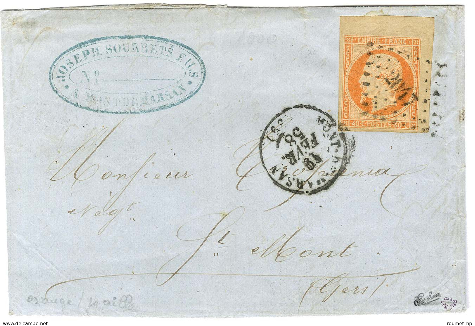 PC 2047 / N° 16 Orange Sur Paille Coin De Feuille Càd T 15 MONT DE MARSAN (39) Sur Lettre 2 Ports Pour Riscle à Grand Mo - 1853-1860 Napoléon III.