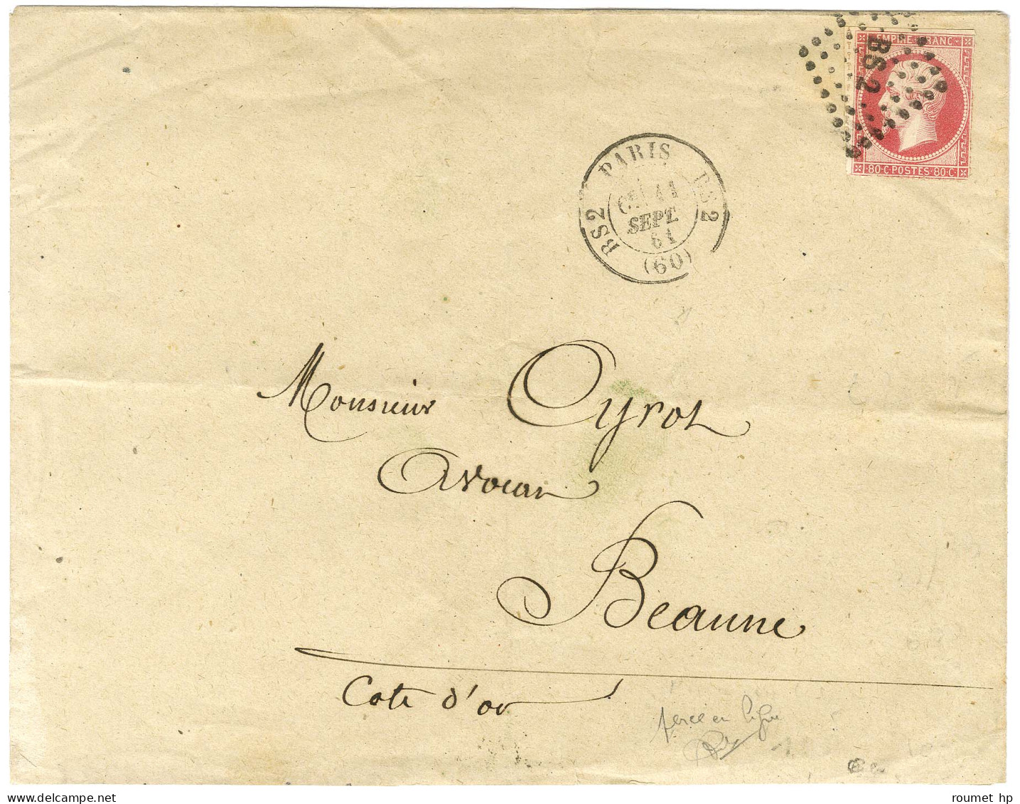Losange BS2 / N° 17A Percé En Ligne Càd BS2 PARIS BS2 (60) Sur Lettre 3 Ports Pour Beaune. 1861. - TB / SUP. - 1853-1860 Napoléon III.