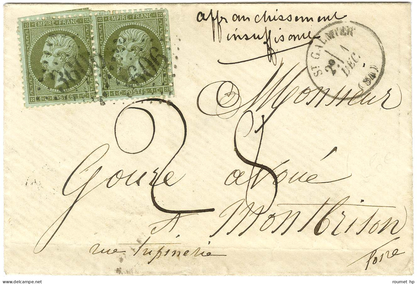 GC 3606 / N° 19 Paire Càd T 16 ST GALNIER (84) Sur Lettre Territoriale Insuffisamment Affranchie Pour Montbrison Taxée 2 - 1862 Napoléon III.