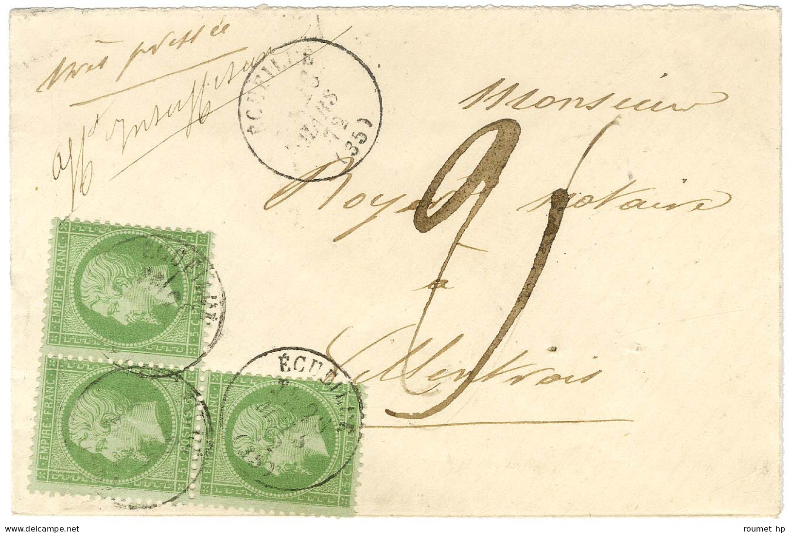 Càd T 16 ECUEILLE (35) / N° 20 (3 En équerre) Sur Lettre Territoriale Insuffisamment Affranchie Pour Valençay Taxée 25 M - 1862 Napoléon III.