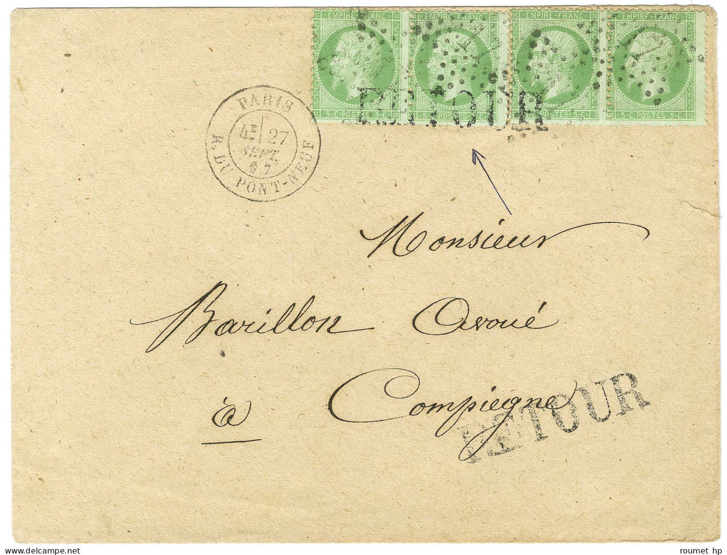 Etoile 17 / N° 20 (2 Paires) Càd PARIS / R. DU PONT NEUF Sur Lettre Pour Compiègne. Au Recto, Griffe RETOUR Frappée à La - 1862 Napoleon III