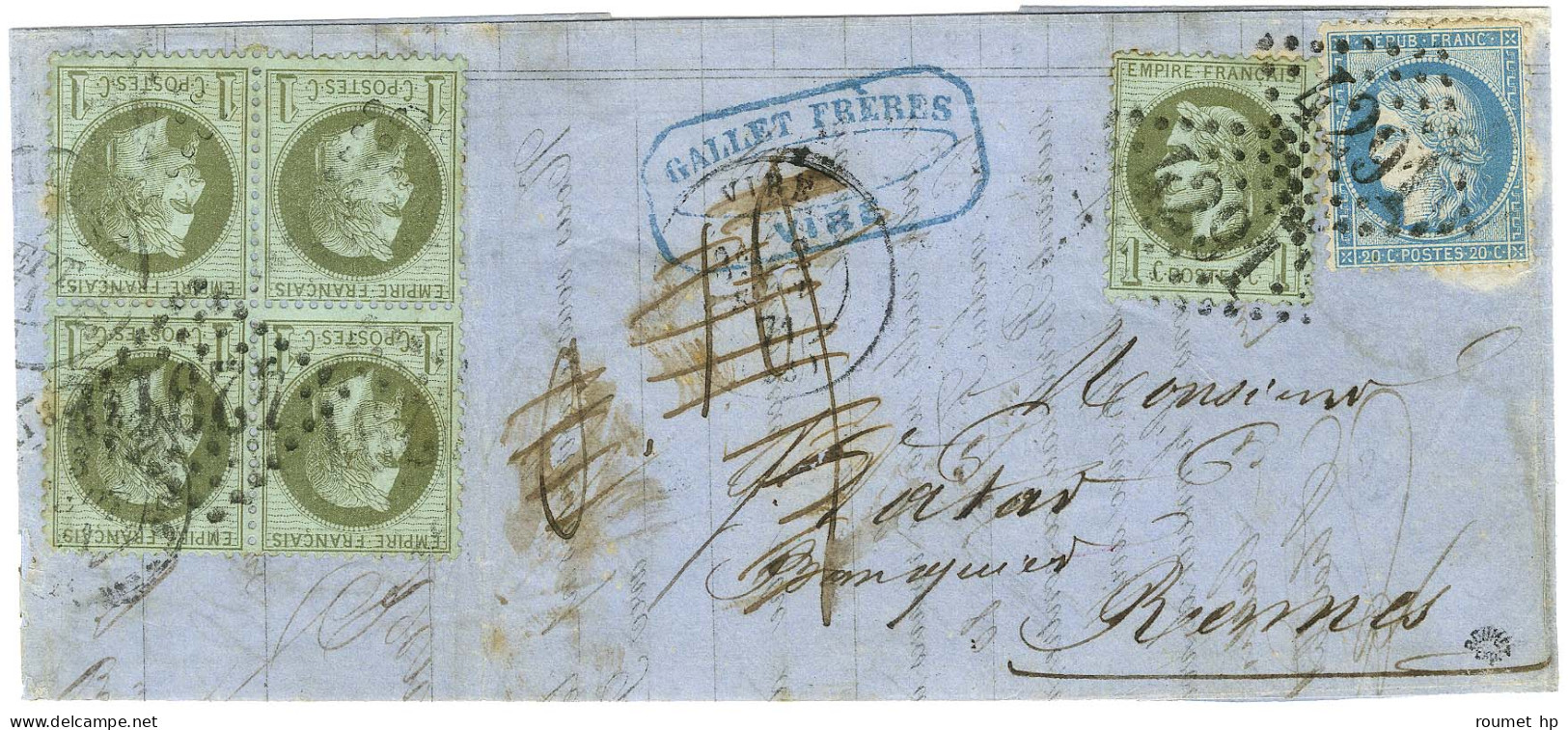 GC 4291 / N° 25 (bloc De 4 + 1 Ex) + N° 37 Càd T 17 VIRE (13) 2 SEPT. 71 Sur Lettre Taxée à Tort 0,19c Rectifiée à La Pl - 1863-1870 Napoléon III Con Laureles