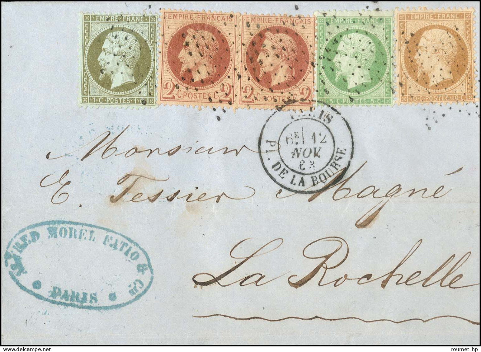 Etoile / N° 19 + N° 20 + N° 21 + N° 26 (paire) Càd PARIS / PL. DE LA BOURSE. 1863. Superbe Affranchissement Quadricolore - 1863-1870 Napoleon III With Laurels