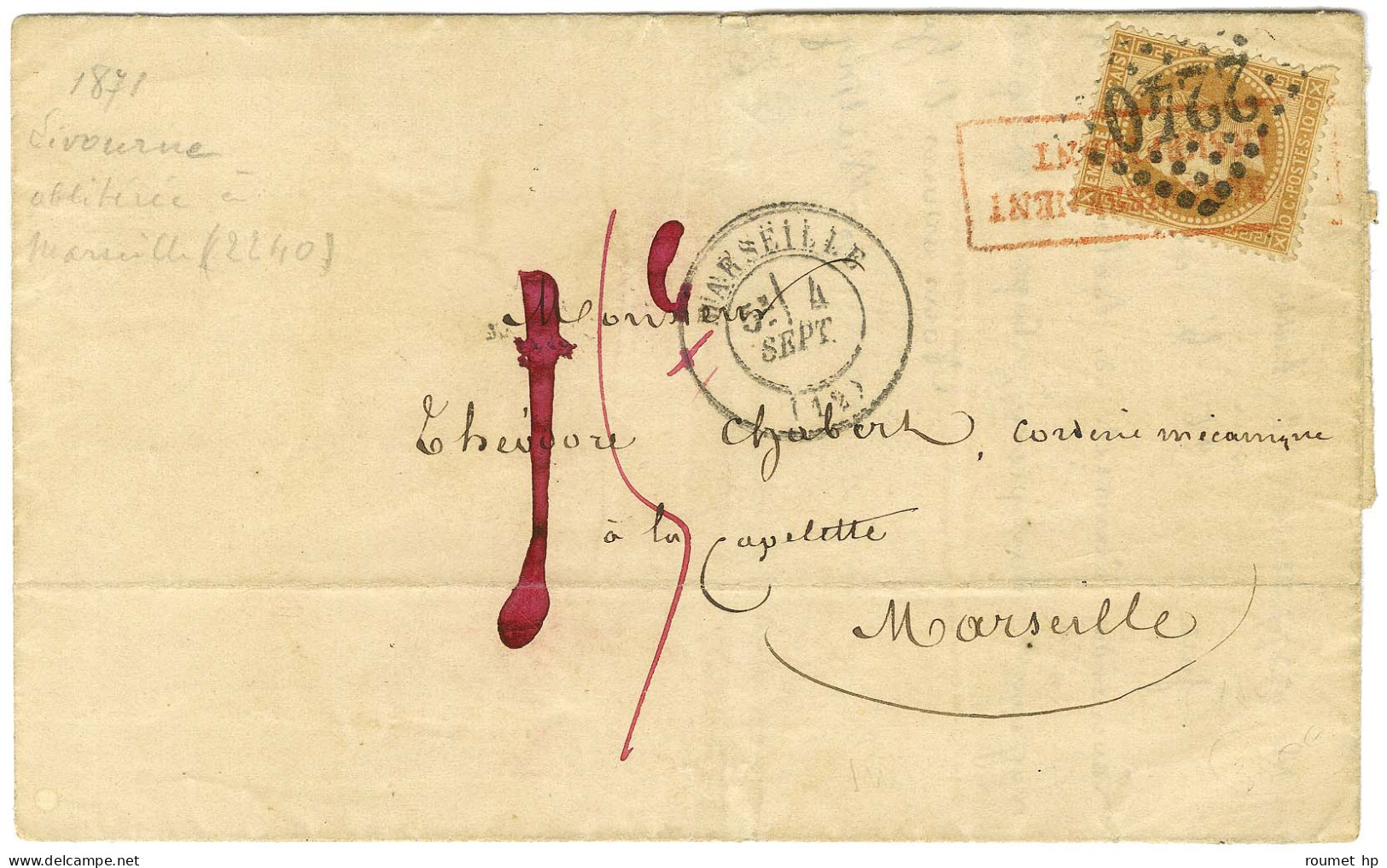 GC 2240 / N° 28 Càd T 17 MARSEILLE (12) Sur Lettre Avec Texte Datée De Livourne (Italie) Pour Marseille Taxée 15c. 1871. - 1863-1870 Napoleon III With Laurels