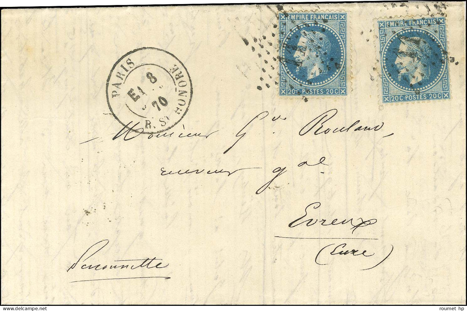 Etoile 11 / N° 29 (2) Càd De Lev. Exp. PARIS / R. ST HONORE E1 Sur Lettre Pour Evreux. 1870. - SUP. - R. - 1863-1870 Napoleon III Gelauwerd