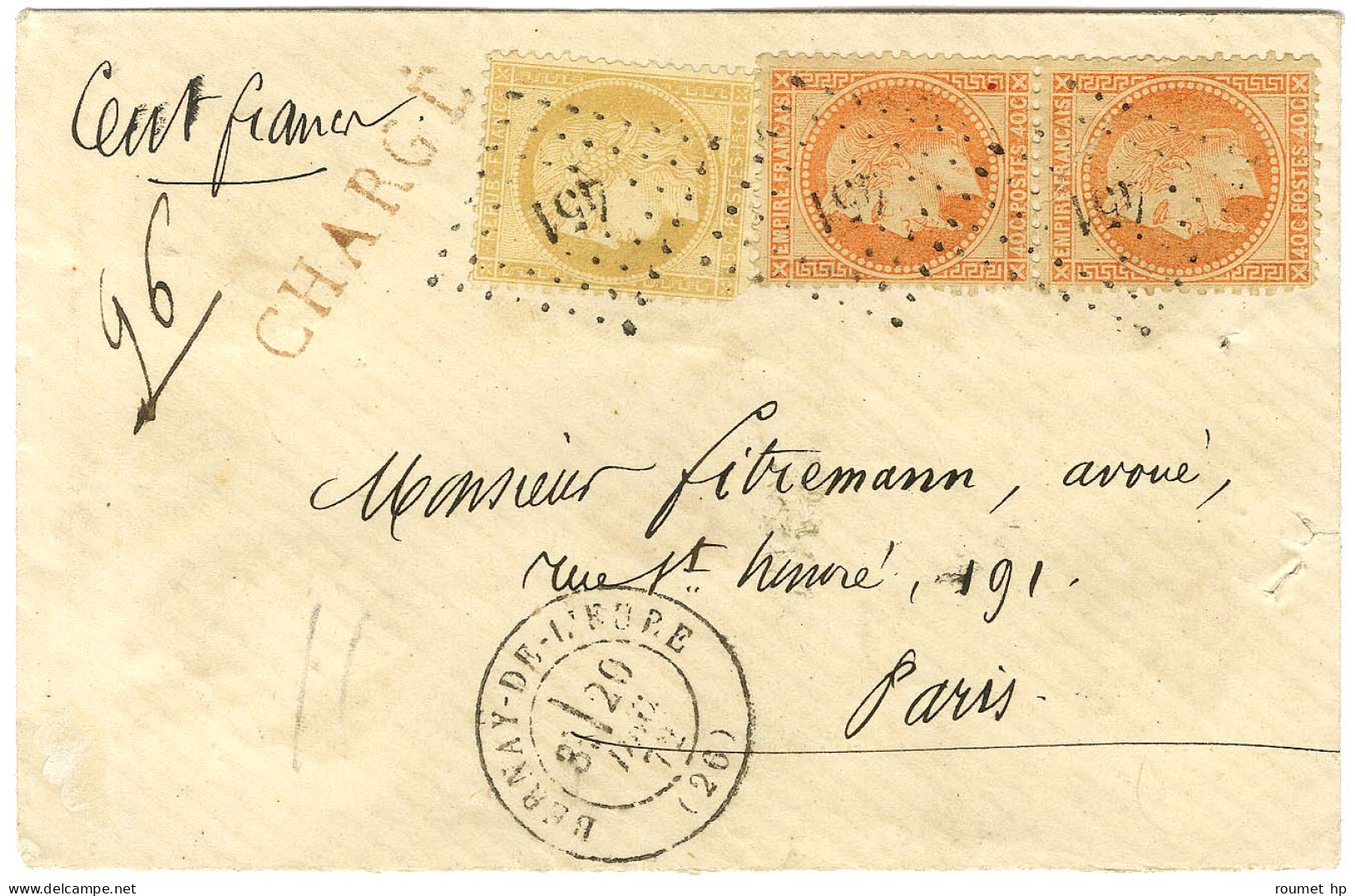 PC Du GC 451 / N° 31 Paire + 59 (leg Def) Càd T 17 BERNAY-DE-L'EURE (26) Sur Lettre Chargée Pour Paris. 1872. - TB. - 1863-1870 Napoléon III Con Laureles