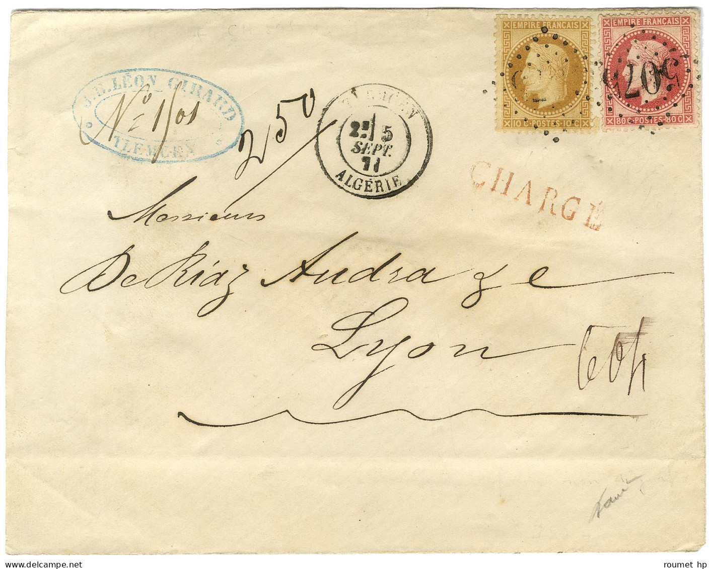 GC Refait 5075 / N° 28 + 32 Càd TLEMCEN / ALGERIE 5 SEPT. 71 Sur Lettre Chargée Pour Lyon. - TB / SUP. - R. - 1863-1870 Napoleon III With Laurels