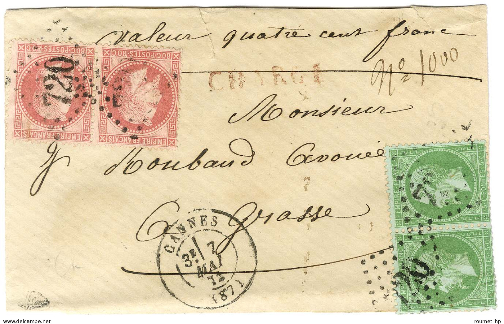 GC 720 / N° 20 Paire + 32 Paire Càd T 17 CANNES (87) Sur Lettre Chargée Pour Grasse. 1872. - TB / SUP. - 1863-1870 Napoleon III Gelauwerd