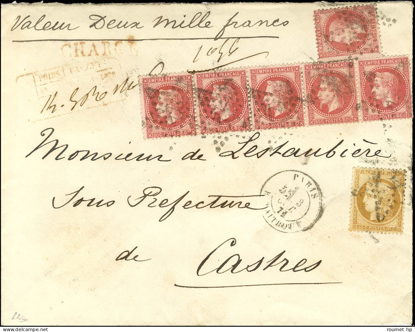 Etoile 22 / N° 32 Bande De 5 + 1 Ex + 36 Càd PARIS / R. TAITBOUT Sur Lettre Chargée Avec Descriptif Rouge Au Recto Pour  - 1863-1870 Napoleon III Gelauwerd