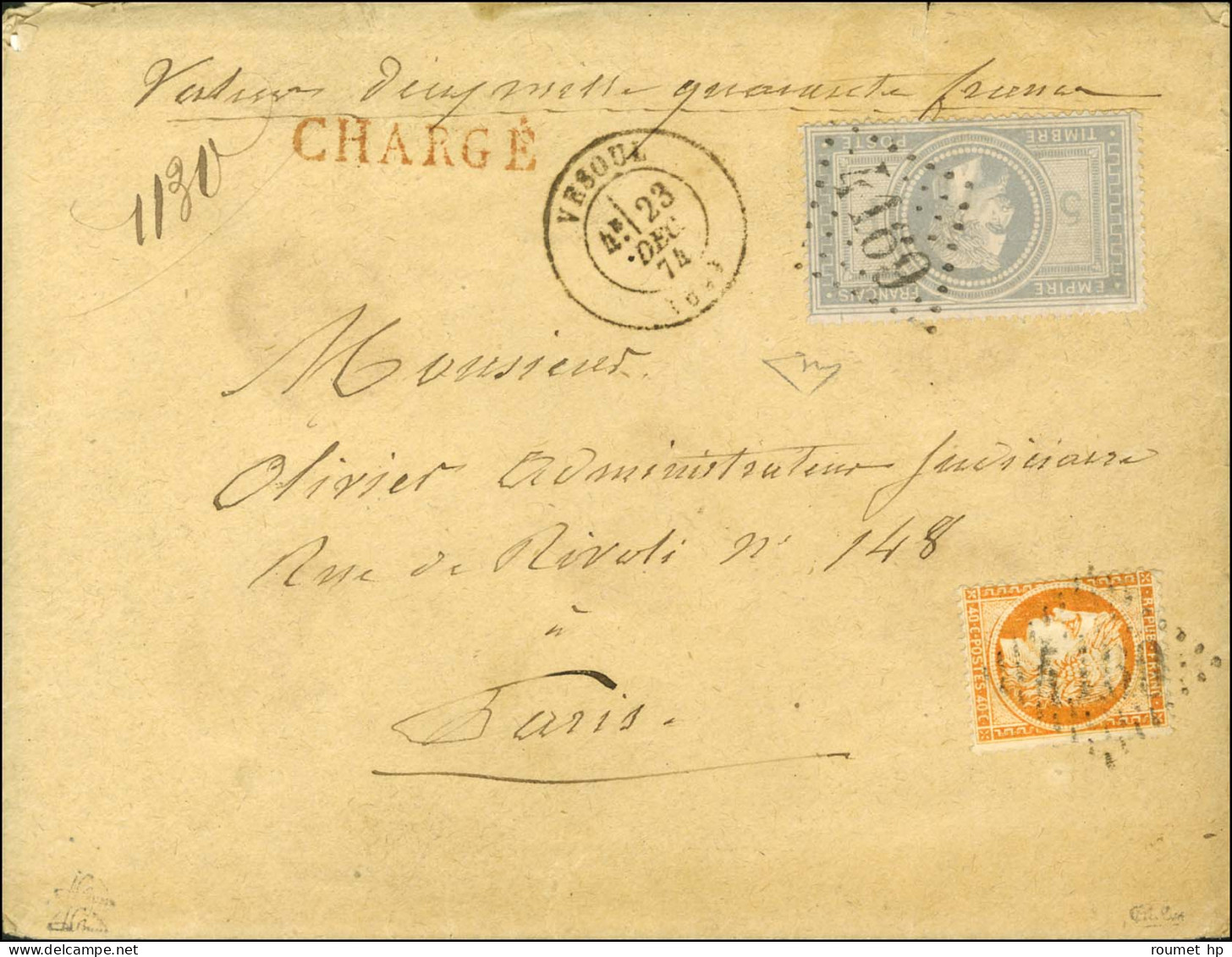 GC 4169 / N° 33 + N° 38 Càd T 17 VESOUL (69) Sur Lettre Chargée Pour Paris, Au Verso Descriptif De Chargement. 1874. - S - 1863-1870 Napoléon III. Laure